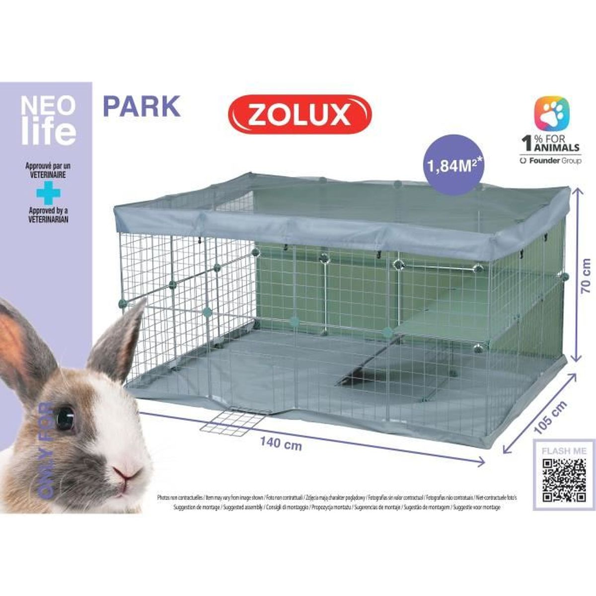 A rabbit enclosure with Zolux logo, dimensions 140x105x70 cm.