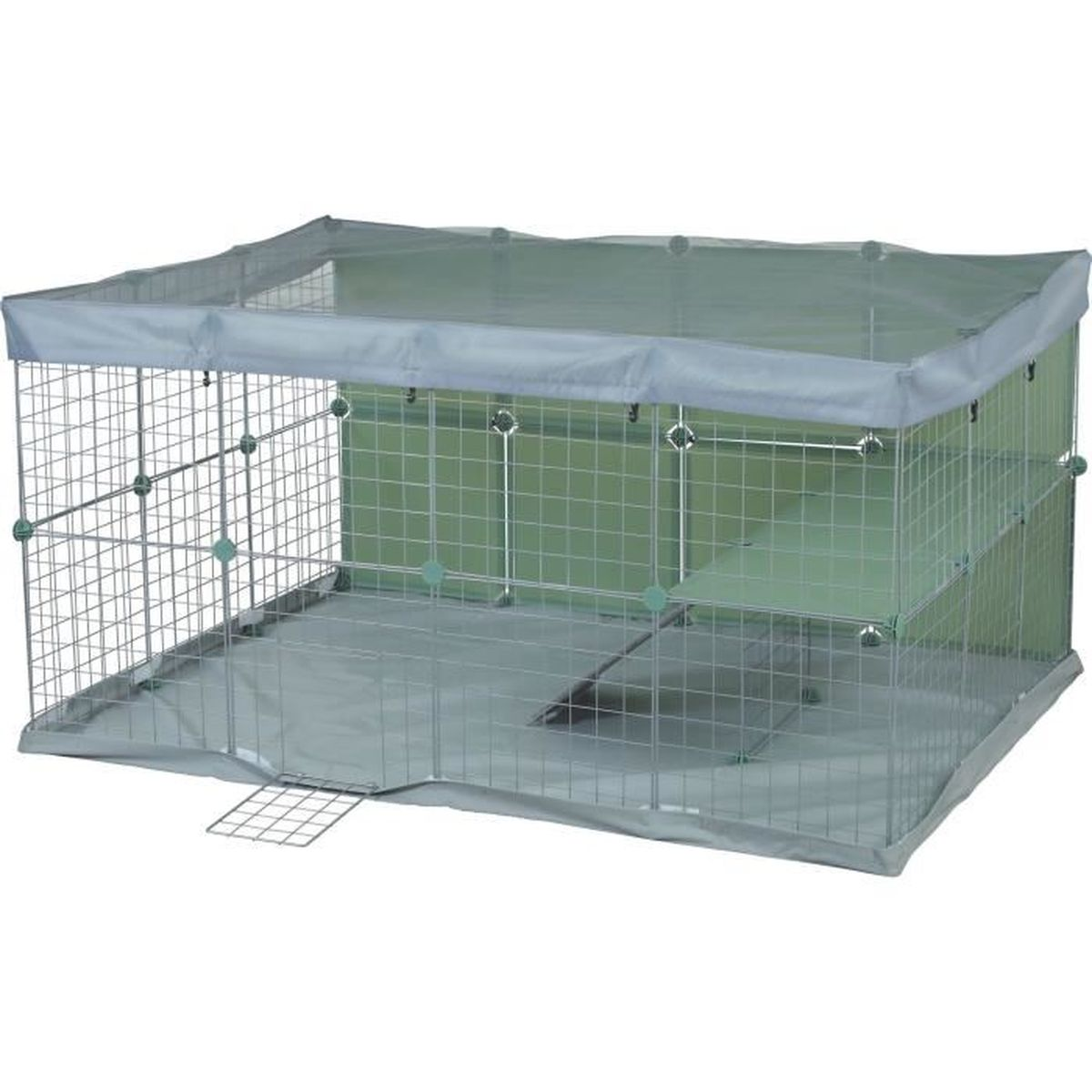 A rectangular small animal cage with a grey fabric floor and mesh cover.