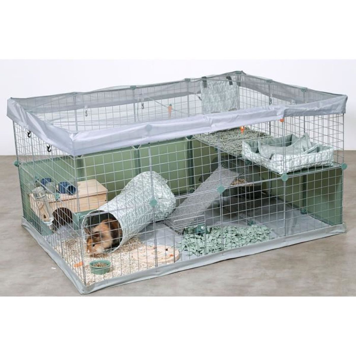 A large, multi-level pet cage with a tunnel, ramp, and bed.