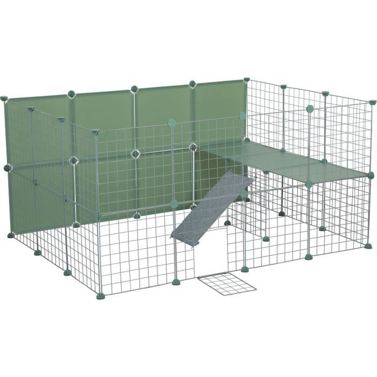 Green modular pet enclosure with wire mesh walls, a ramp, and a raised platform.