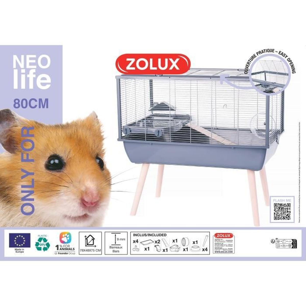 A hamster looks left, next to a hamster cage on legs.