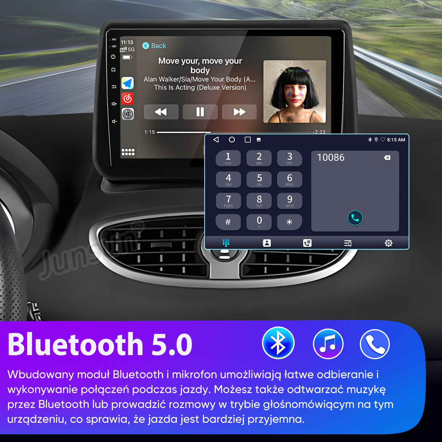 Wyświetlacz samochodowy z muzyką i klawiaturą telefonu. Poniżej ikona Bluetooth 5.0.