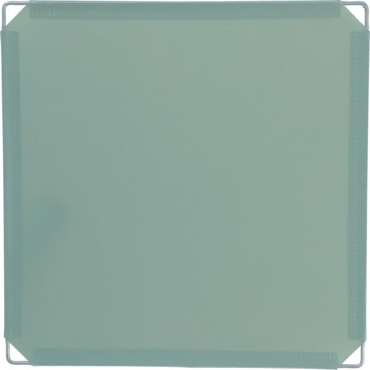 A light green, rectangular container with a silver metal frame at the corners.