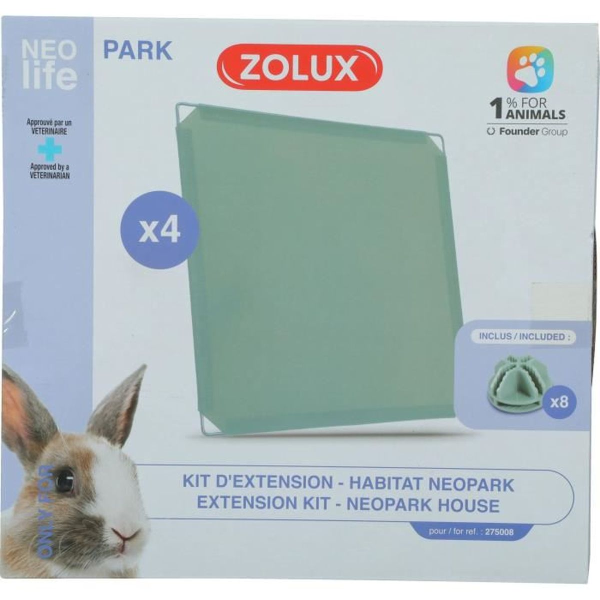Packaging for Zolux Neo Park extension kit with rabbit graphic and green elements.