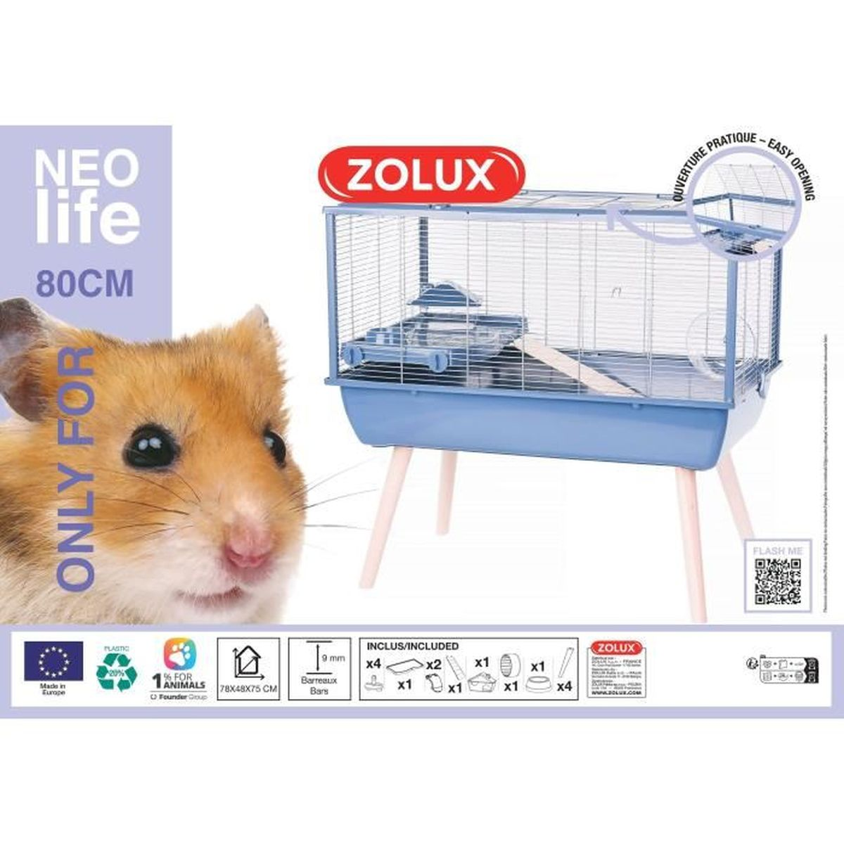 A hamster looks left next to a blue hamster cage on wooden legs.
