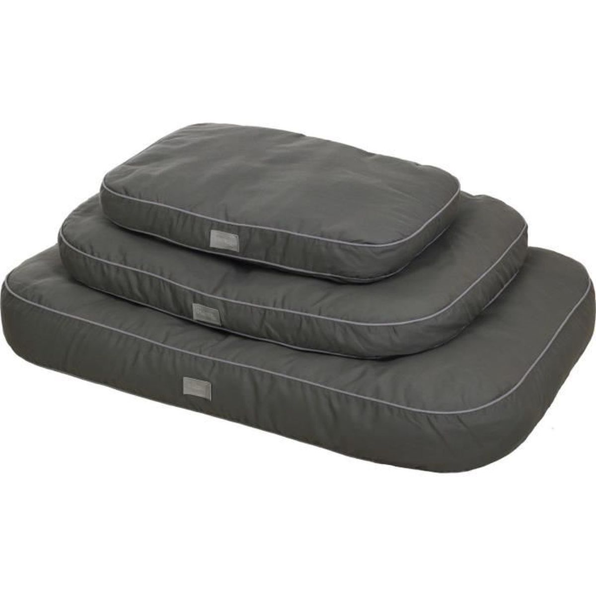 Three gray dog beds of different sizes stacked.