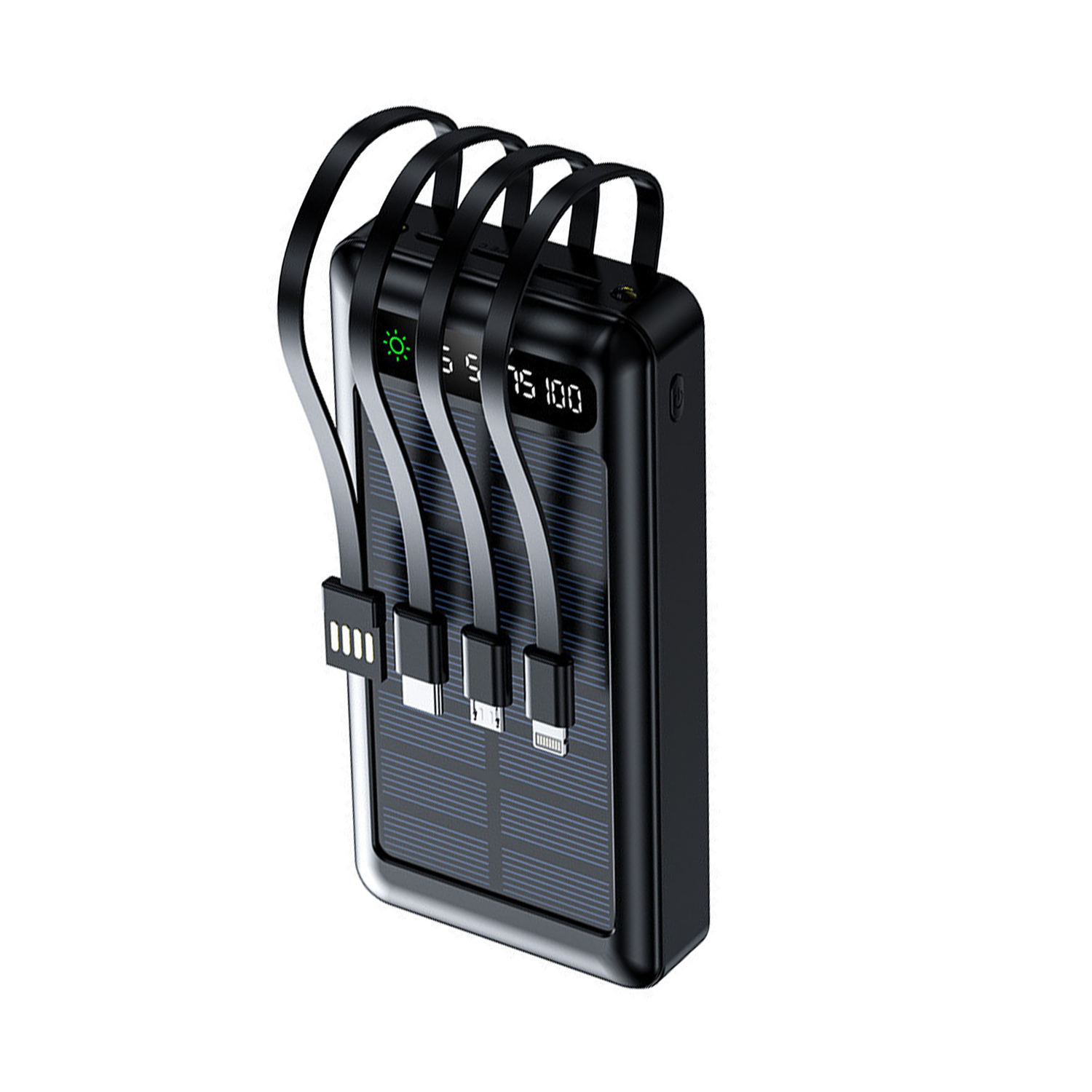 Czarna power bank solarny z czterema zintegrowanymi kablami i cyfrowym wyświetlaczem.