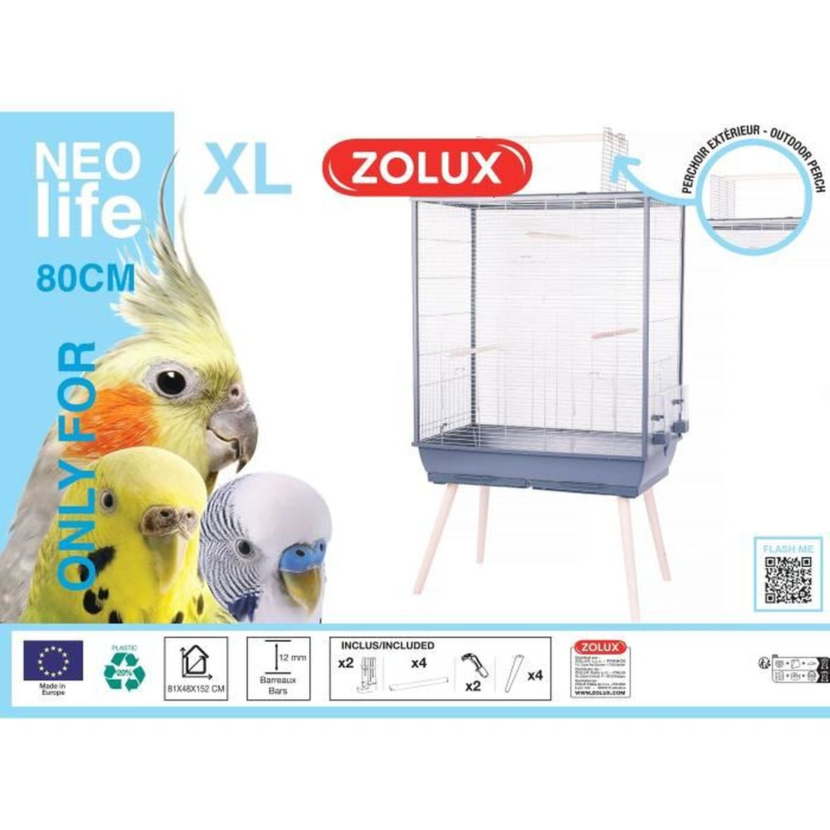 A Zolux Neo life XL bird cage shown with three birds and accessories. Size 81x48x152cm.