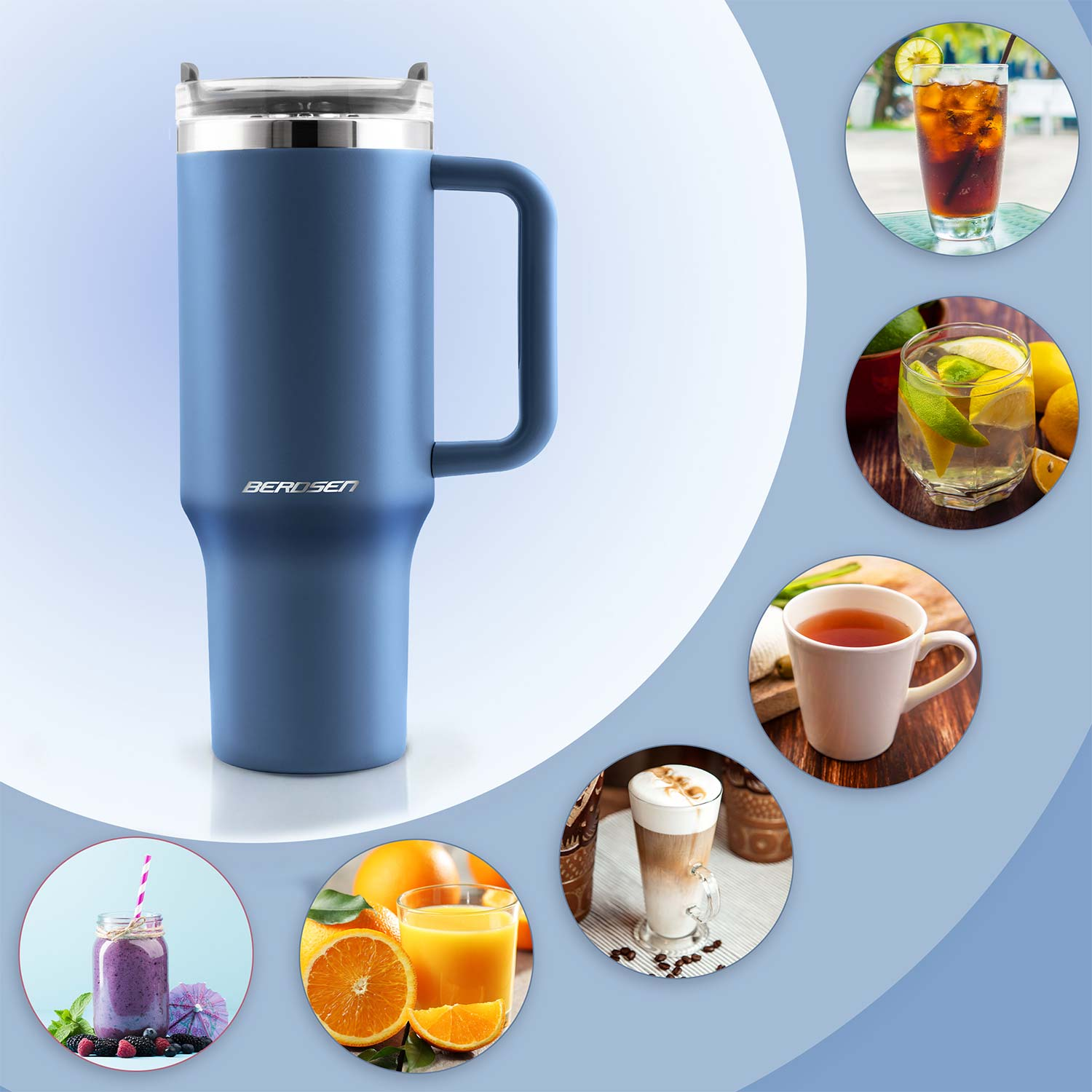 Niebieski kubek z uchwytem obok napojów: mrożona herbata, woda z cytryną, herbata, latte i smoothie.