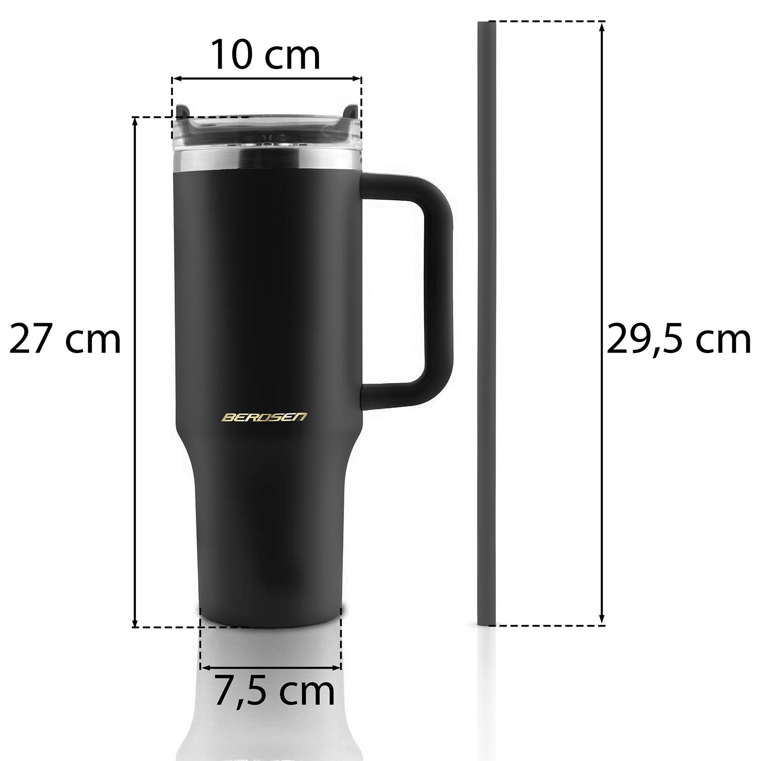 Czarny kubek z uchwytem, 29,5 cm wysoki, 10 cm szeroki, 7,5 cm głęboki.