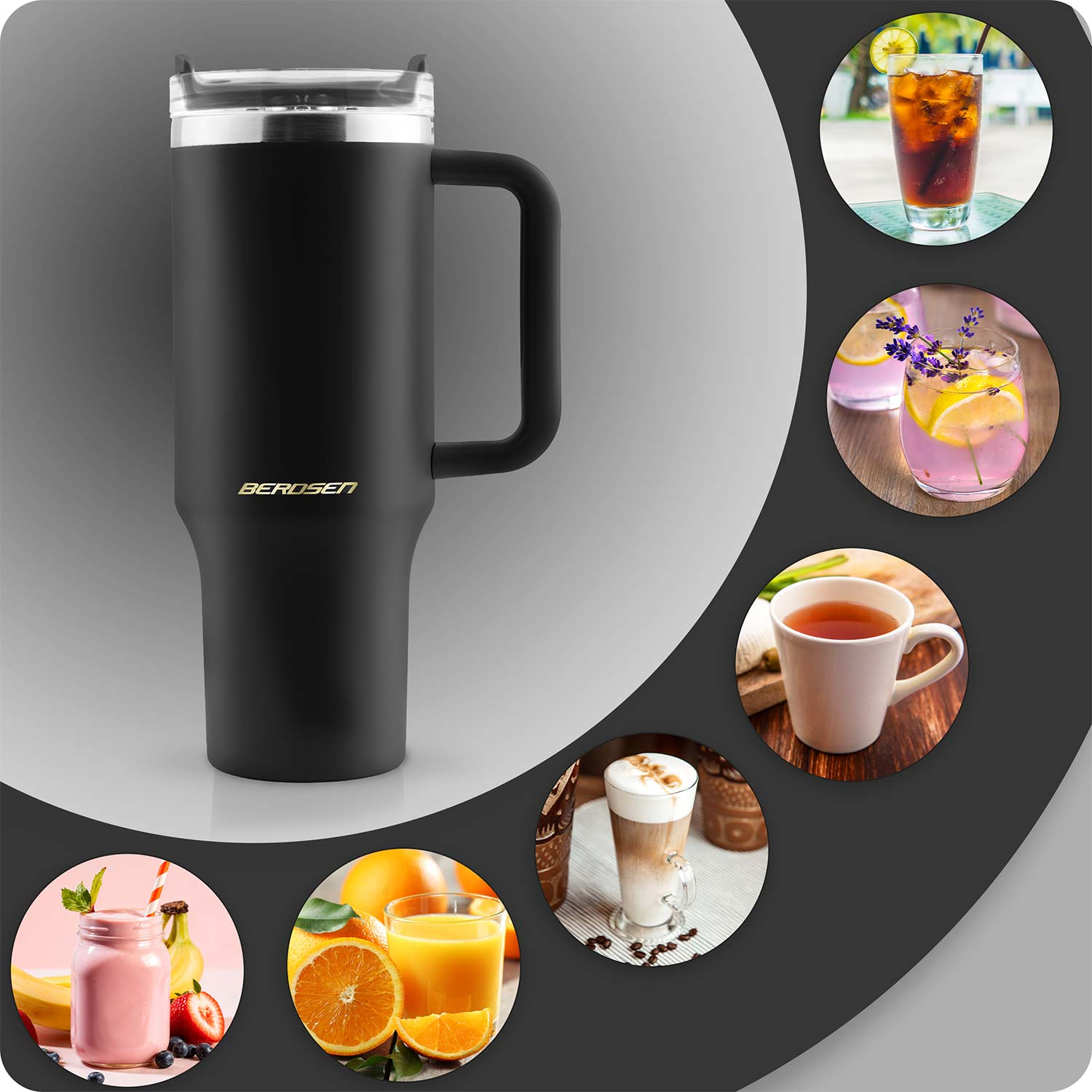 Czarny kubek podróżny z uchwytem. Kolaże napojów: mrożona herbata, różowa lemoniada, herbata, latte, sok, smoothie.