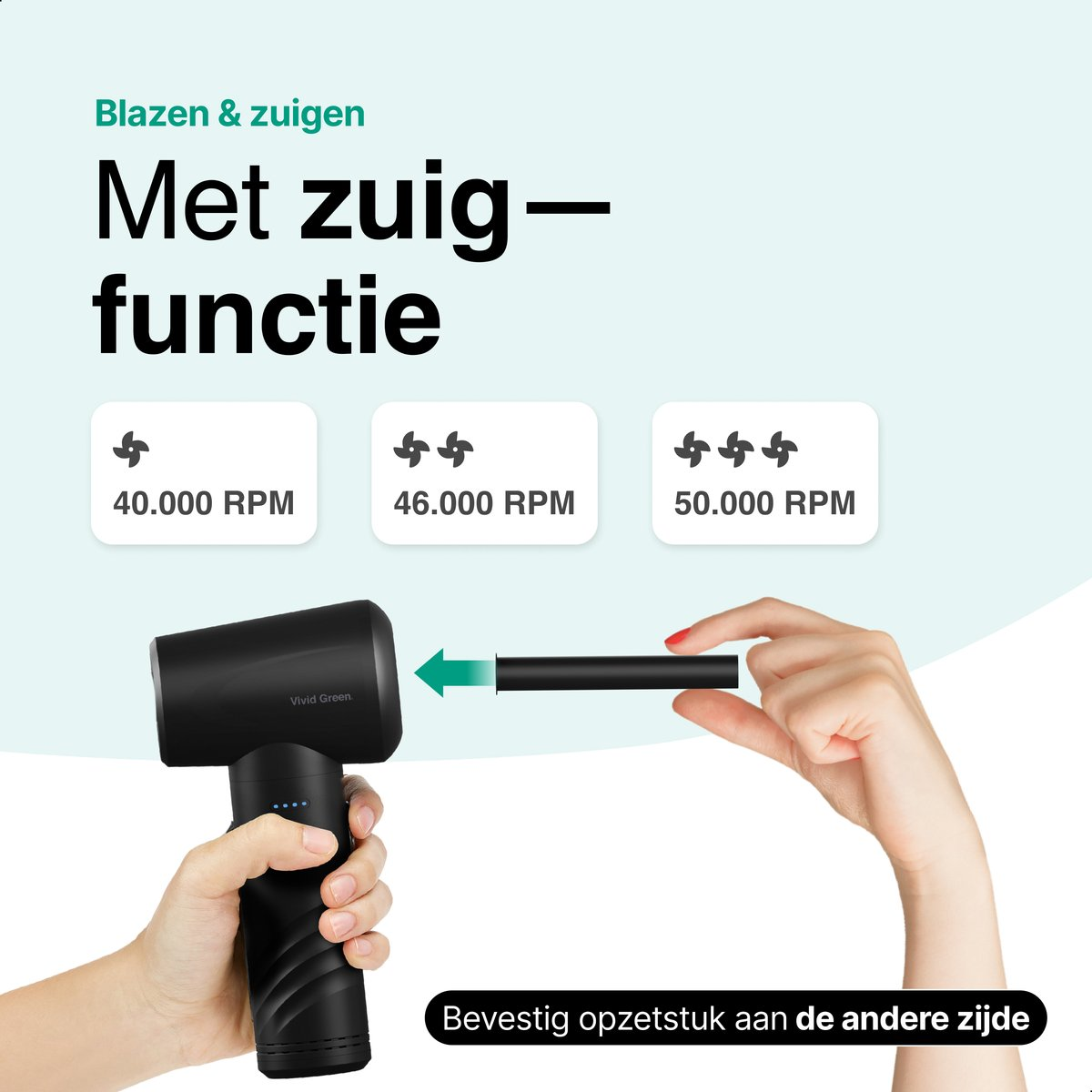 Zwart apparaat met drie snelheidsopties: 40.000, 46.000, 50.000 RPM.
