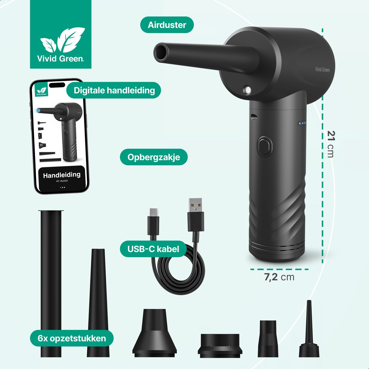 Zwarte air duster met accessoires: USB-C kabel, 6 opzetstukken, zakje, handleiding.