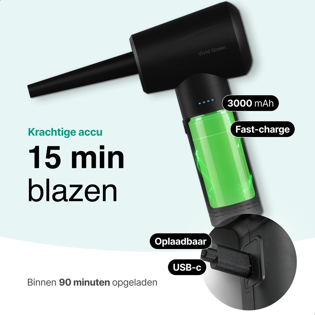 Zwarte draadloze blazer met groene batterij, 3000 mAh, USB-C.