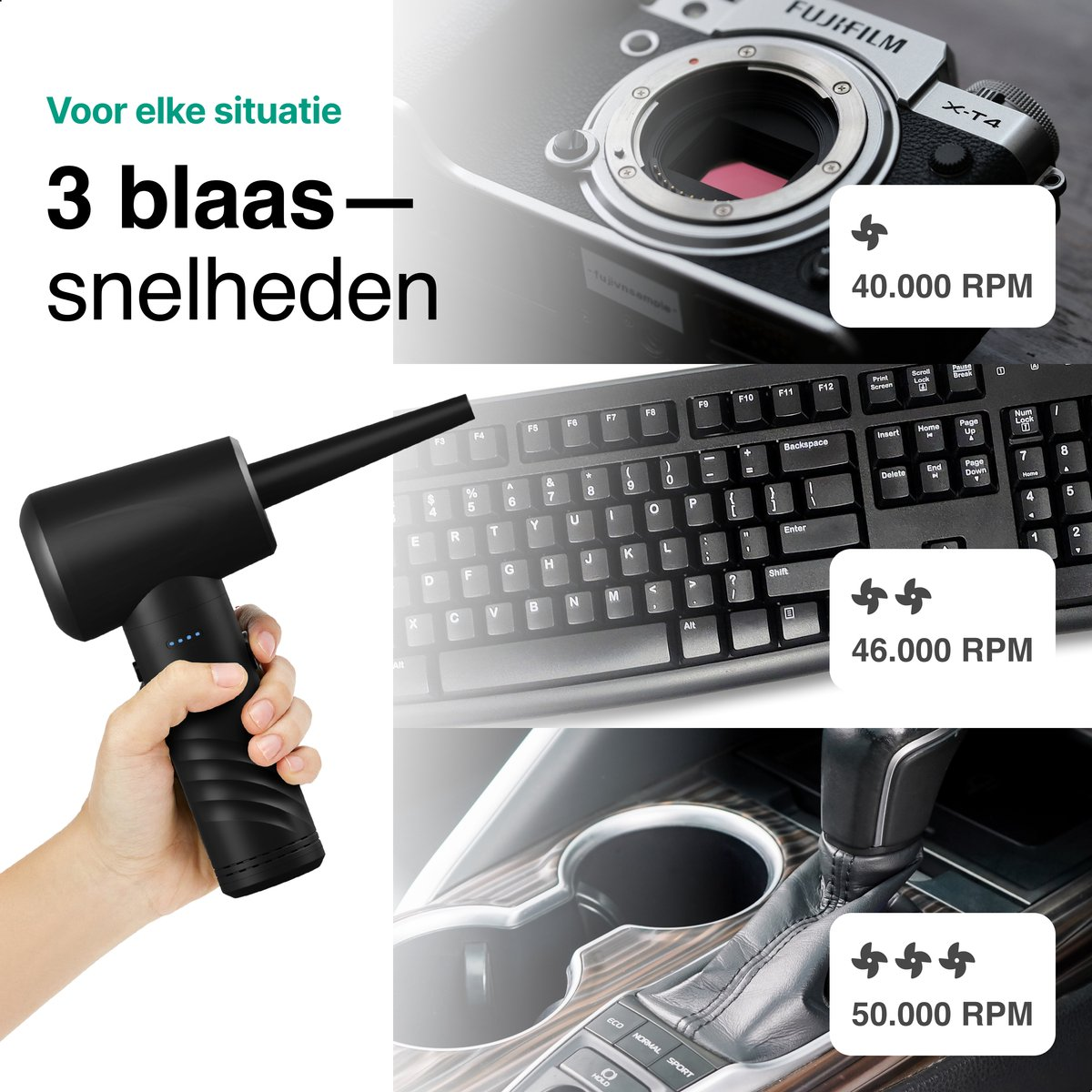 Zwarte luchtblazer met camera, toetsenbord en auto-interieur. Snelheden: 40k, 46k, 50k RPM.