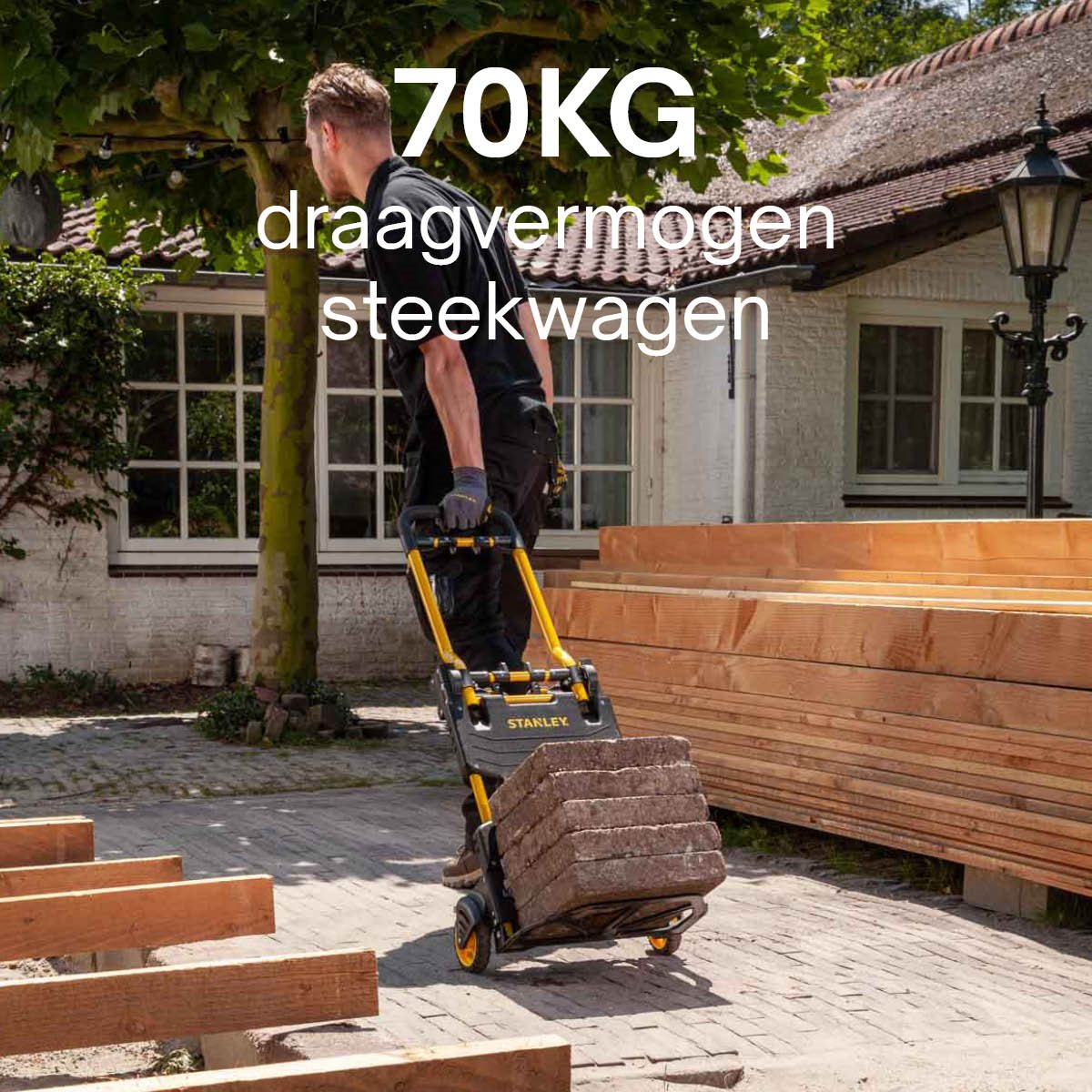 A man uses a yellow hand truck to transport bricks. Text reads '70KG load capacity'.