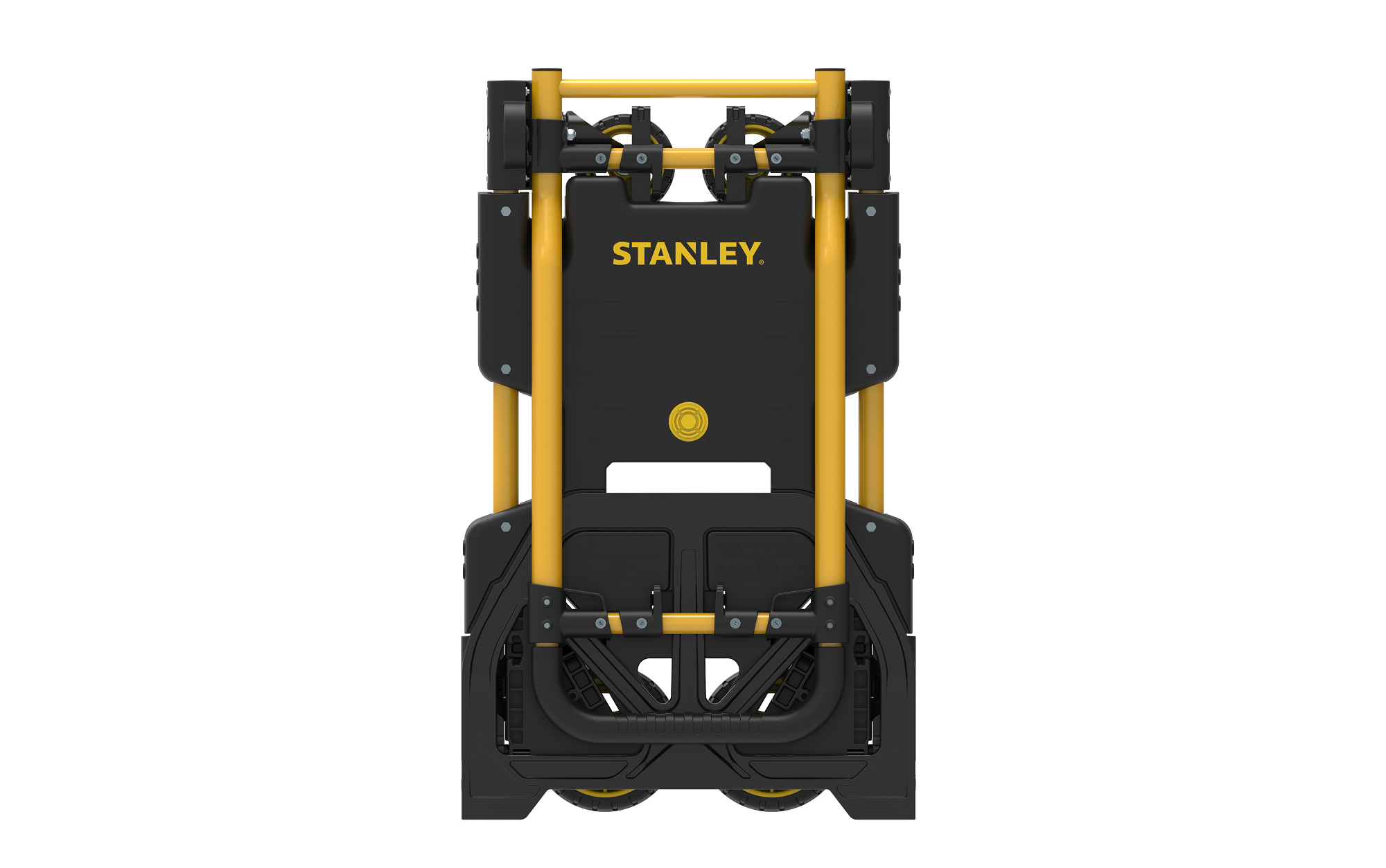 Folded black and yellow Stanley dolly with wheels and handle.