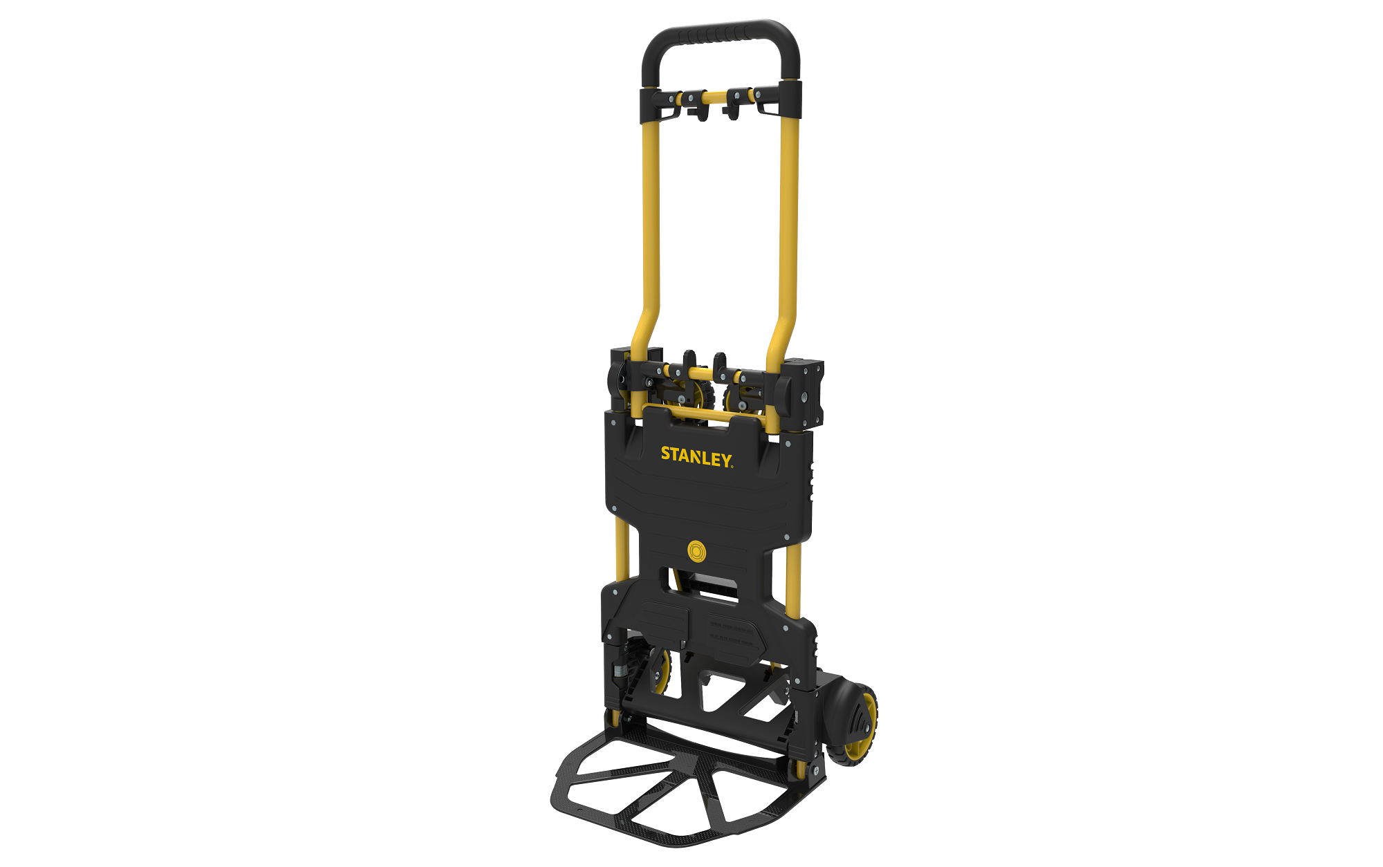 A black and yellow Stanley folding hand truck with wheels.