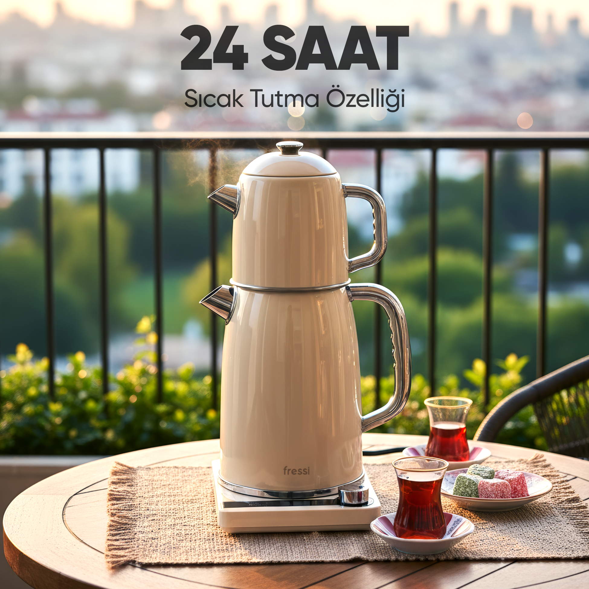 Krem rengi çaydanlık, iki bardak çay ve tatlıların olduğu bir masada duruyor.