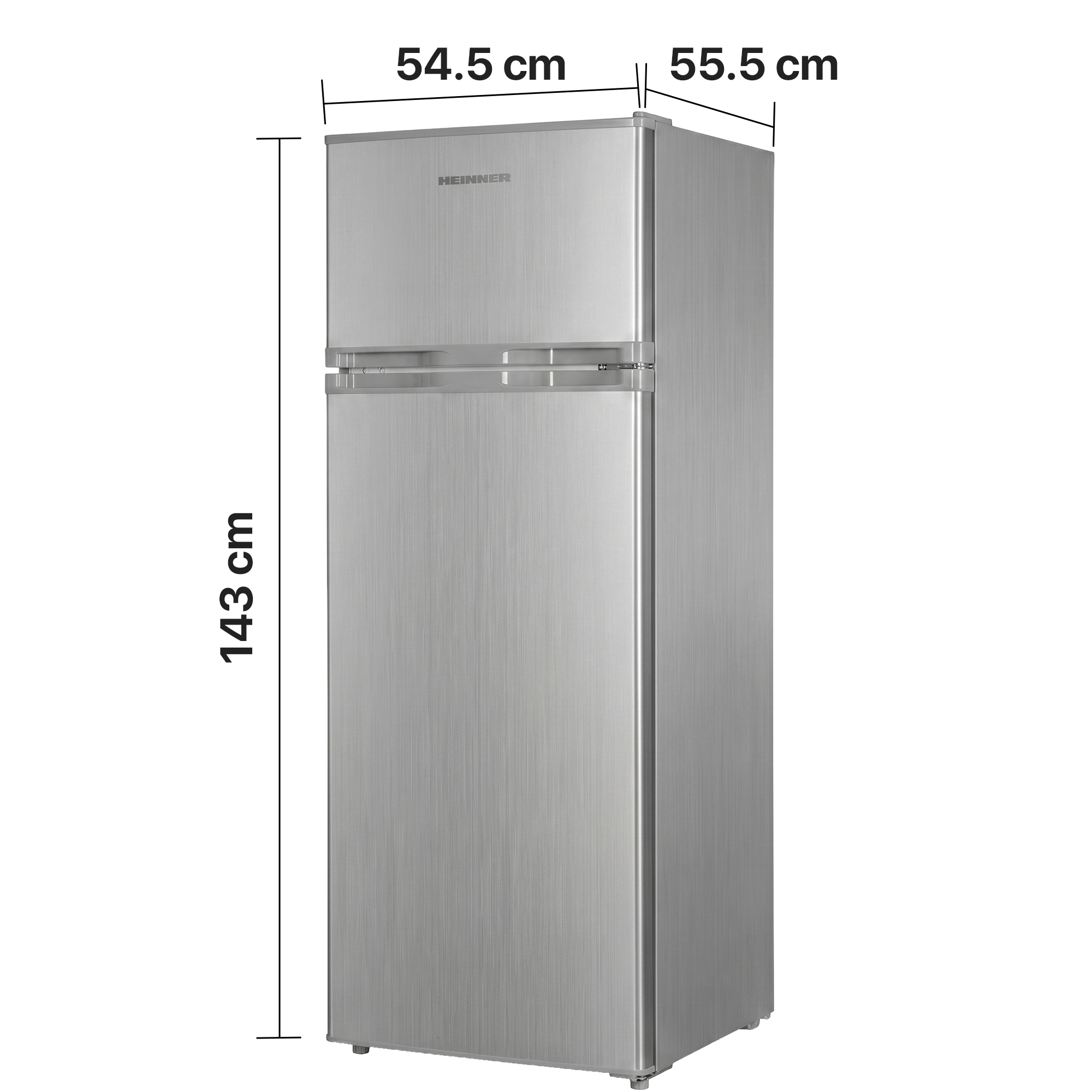 Een zilveren koelkast met twee deuren, afmetingen 143 x 54,5 x 55,5 cm.