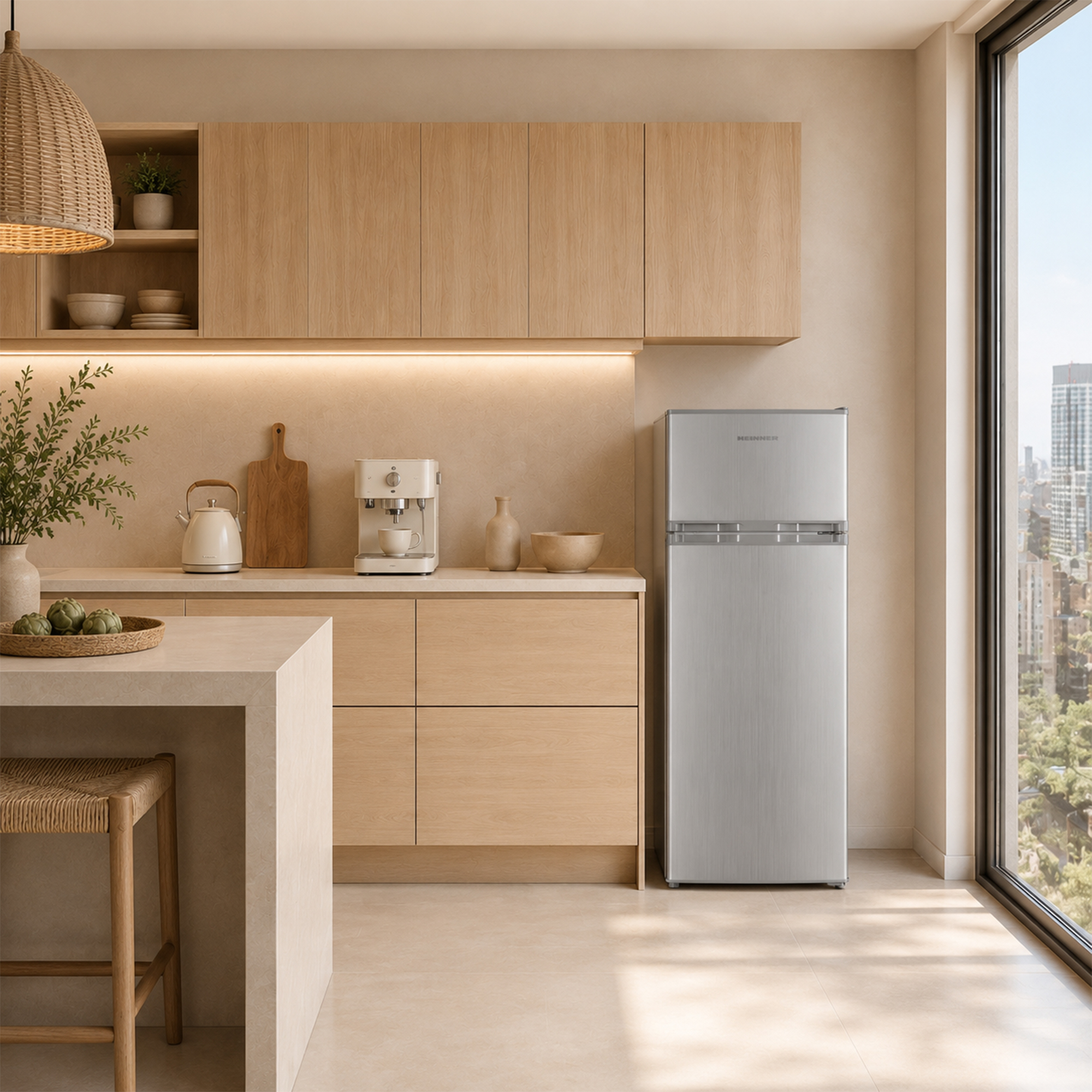 Een moderne keuken met houten kasten, een koelkast en een groot raam met uitzicht op de stad.