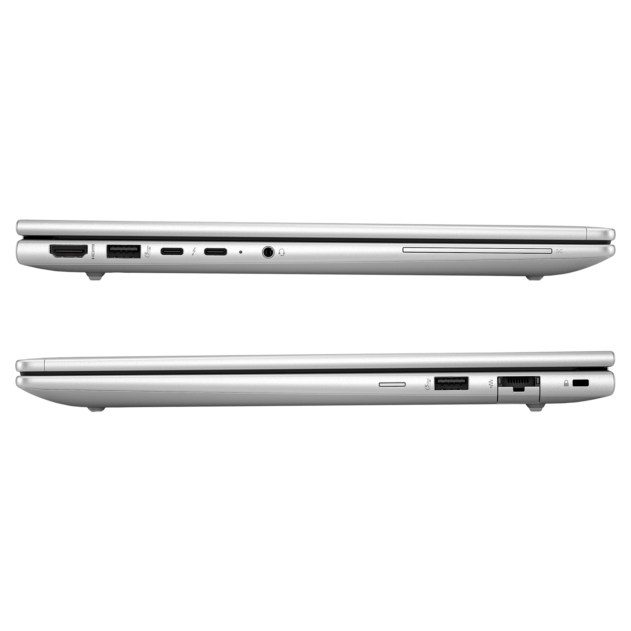 Gümüş renkli dizüstü bilgisayar: HDMI, USB-A, USB-C, kulaklık giriş, SD kart okuyucu.