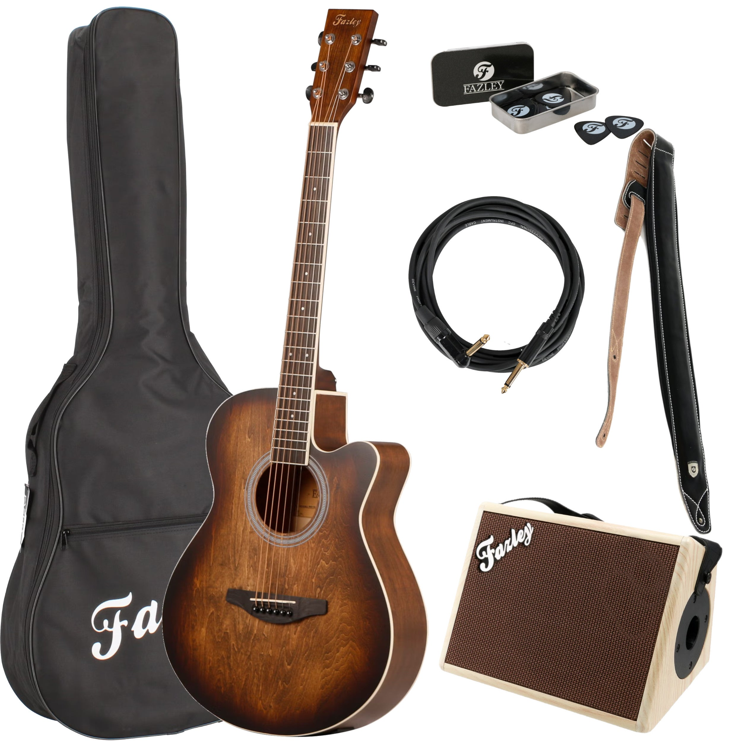 Acoustic guitar with accessories: bag, cable, strap, picks, and amplifier.