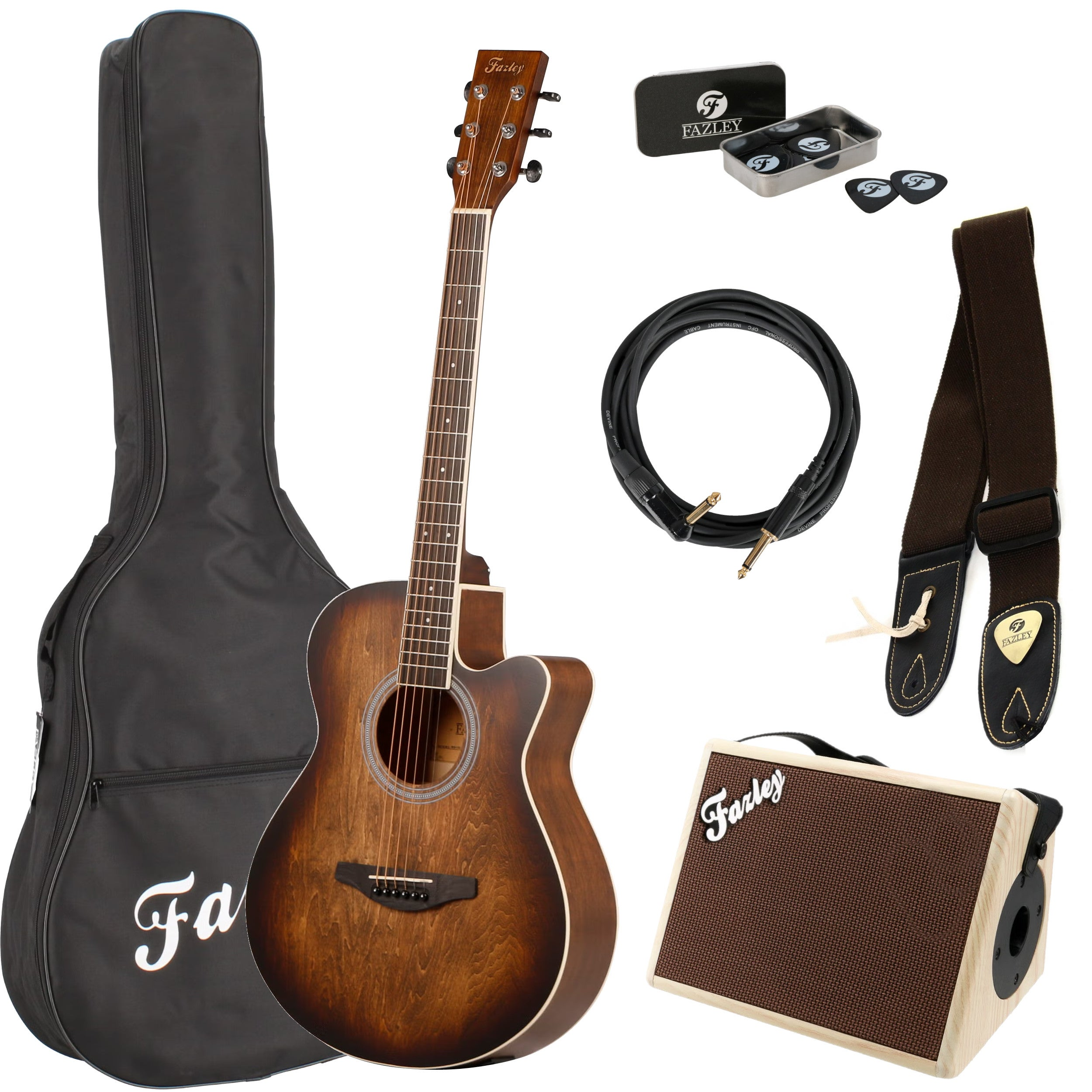 A brown acoustic guitar kit with a bag, cable, amplifier, and picks.