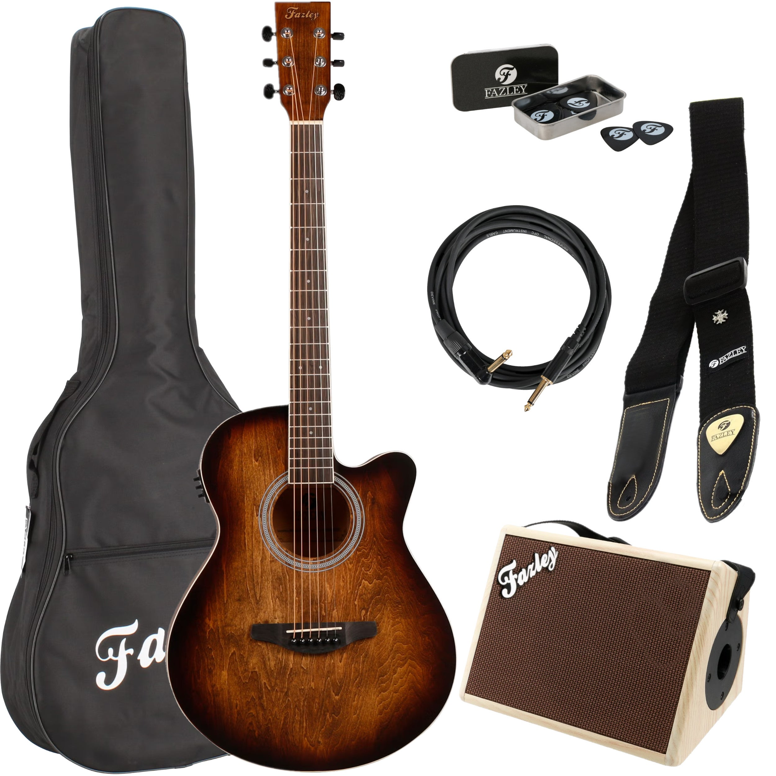 A brown acoustic guitar with a black case, cable, strap, picks, and amp.
