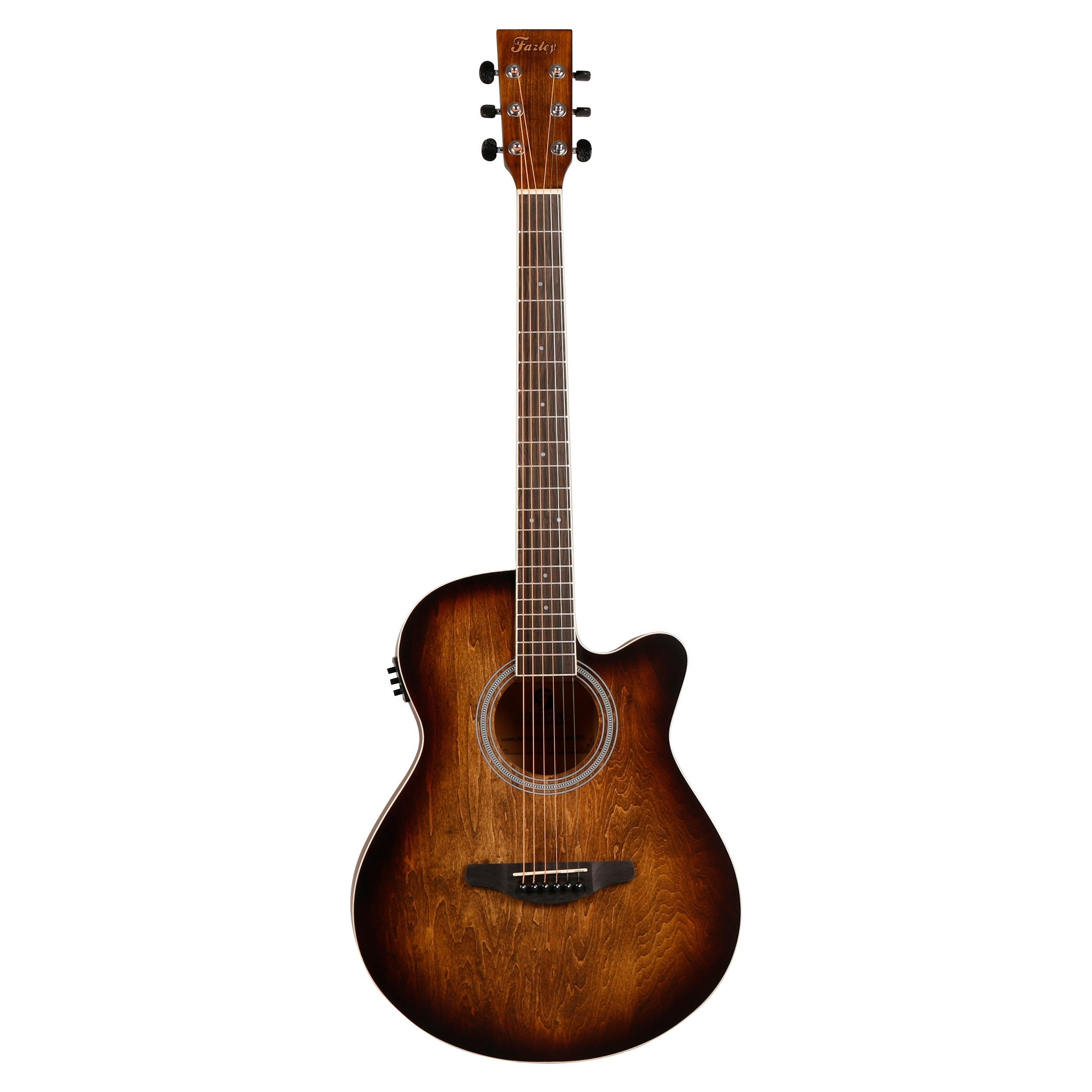 A brown acoustic guitar with six strings and a cutaway body.
