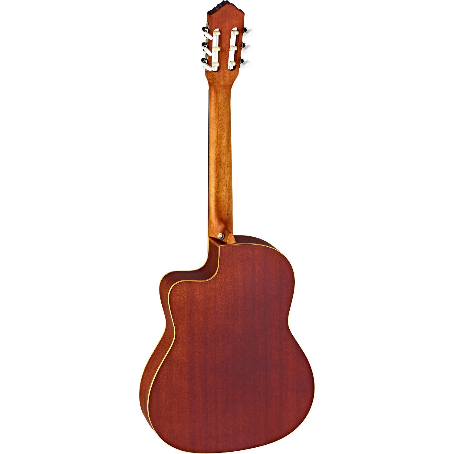 Back view of a brown guitar with strings and tuning pegs on a light background.