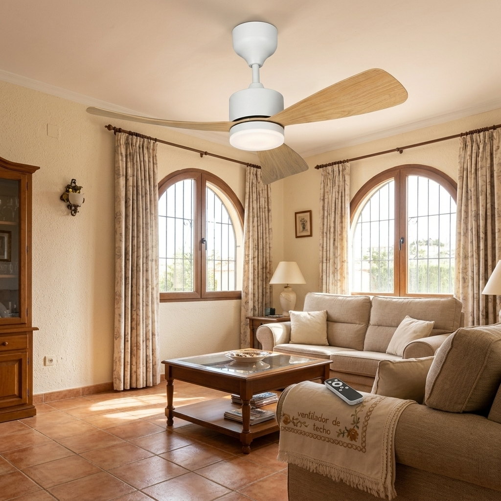 Una sala de estar con ventilador de techo, sofás, mesa de centro y ventanas.