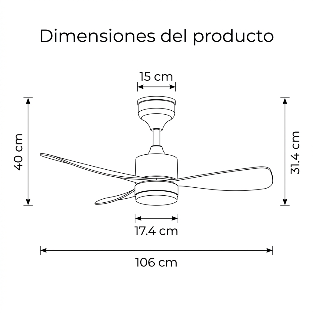 Ventilador de techo con dimensiones: 106 cm ancho, 40 cm alto, 31,4 cm prof.