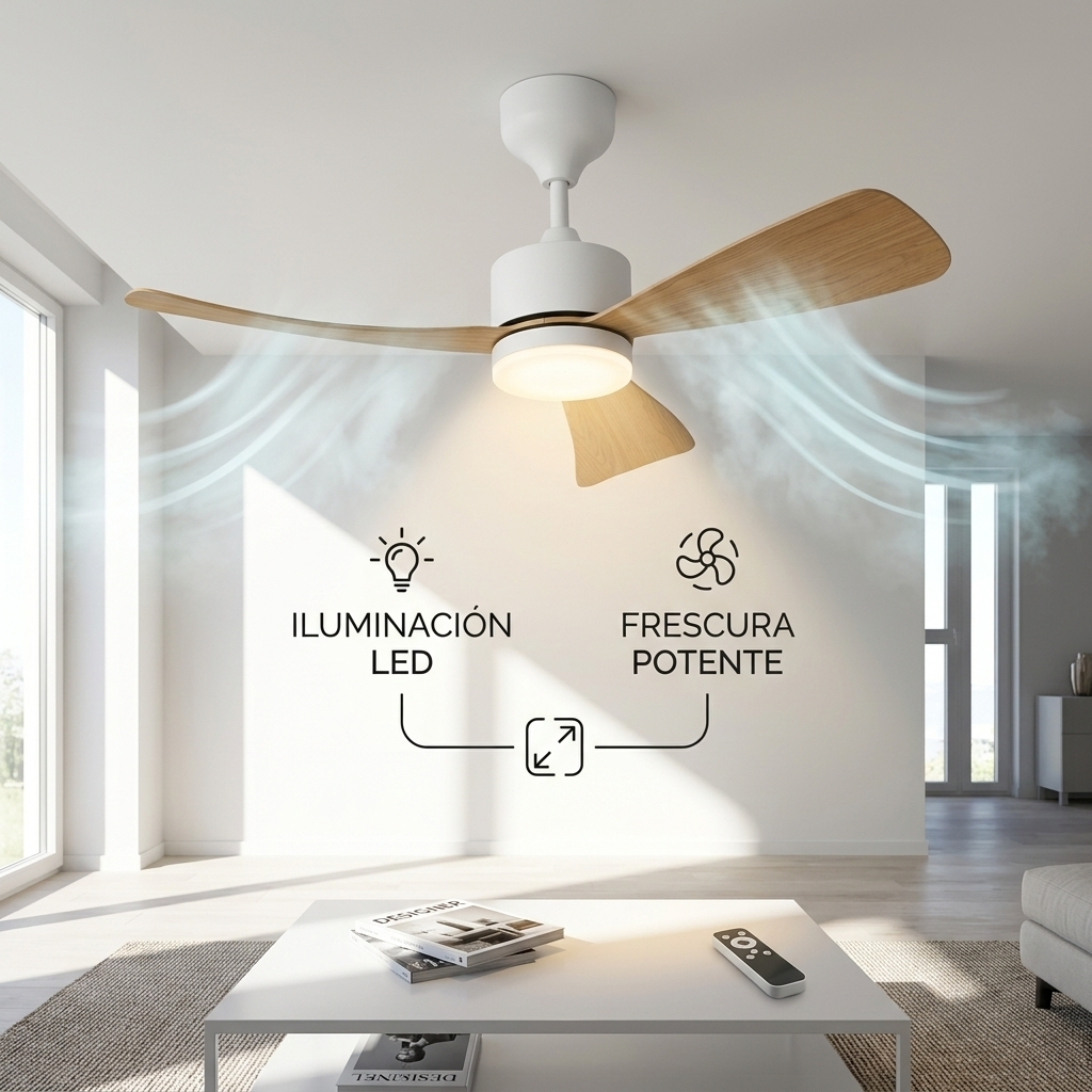 Ventilador de techo moderno con aspas de madera y luz LED, creando flujo de aire.
