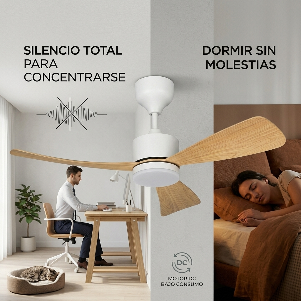 Un hombre trabaja en un escritorio, una mujer duerme, un ventilador de techo.