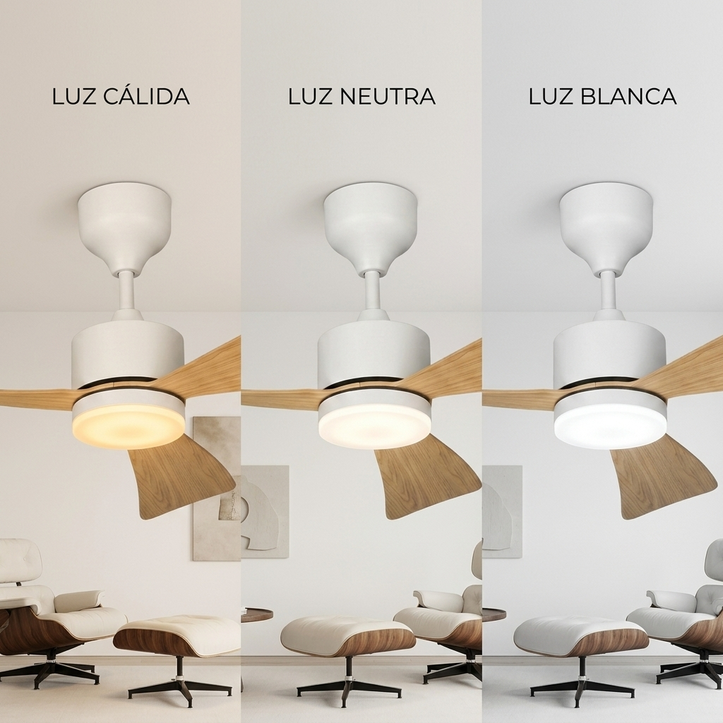 Ventilador de techo con aspas de madera en tres modos de luz: cálida, neutra y blanca.