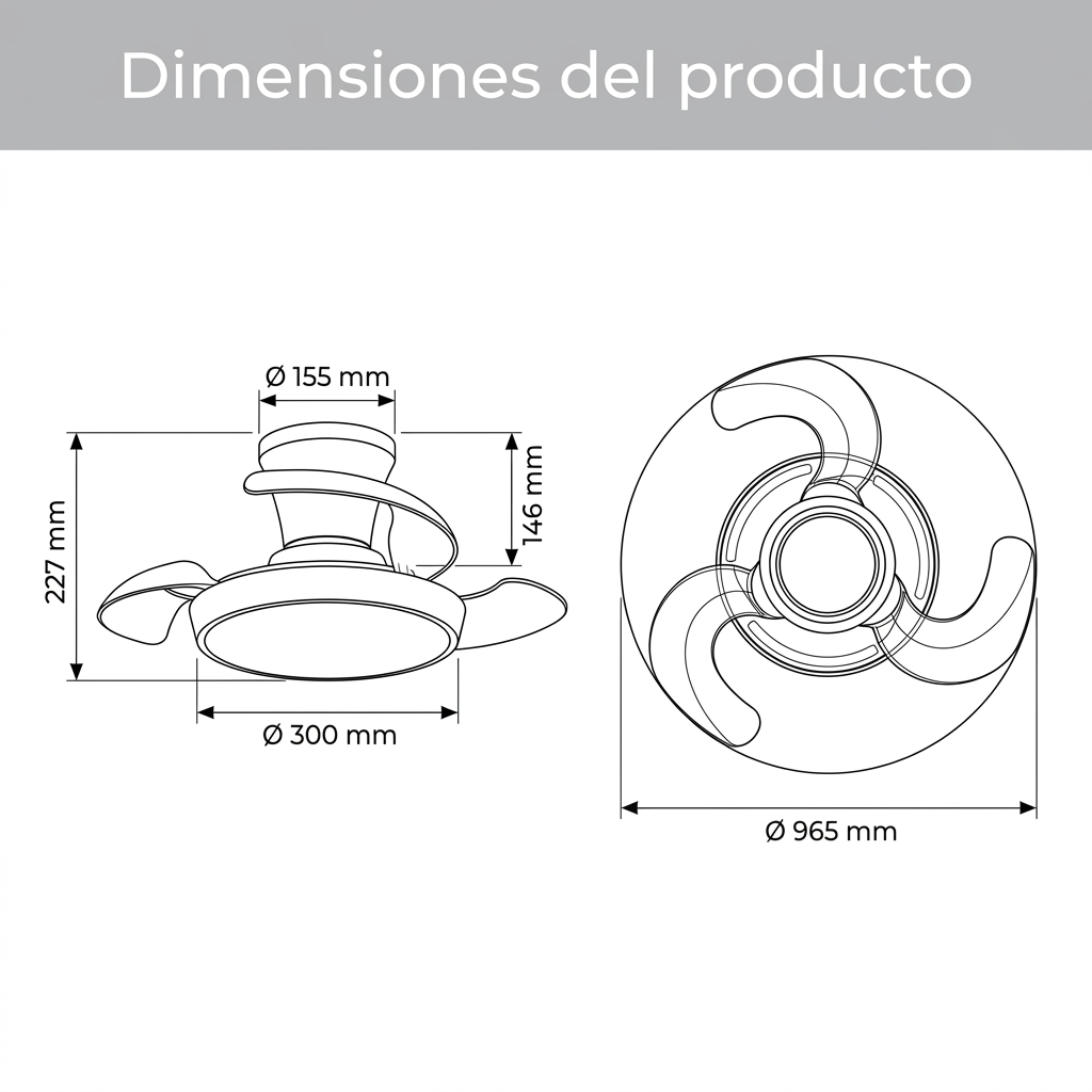 Dibujo técnico de un ventilador con medidas de diámetro y altura.