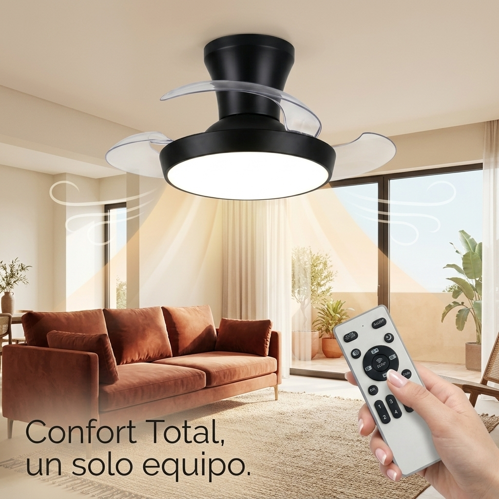 Ventilador de techo negro con luz sobre un sofá marrón, mando a distancia en mano.