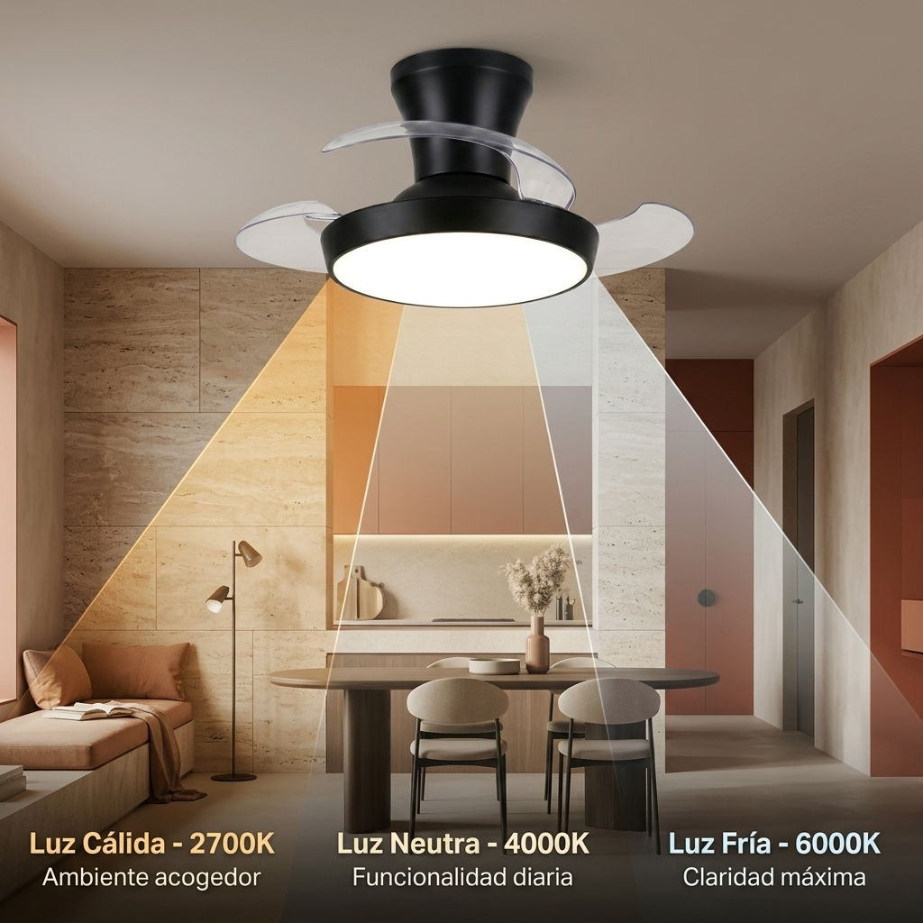 Ventilador de techo con luz en un comedor que muestra varios colores de luz.