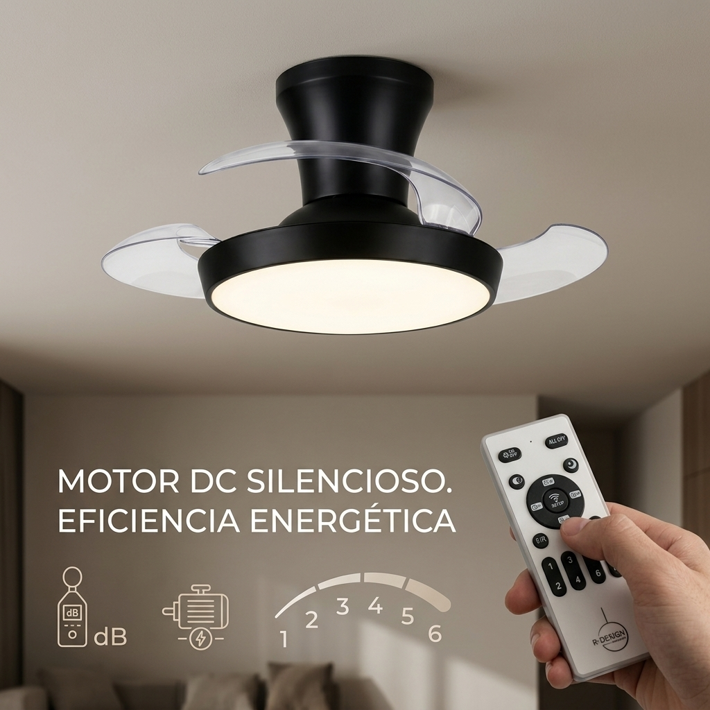 Ventilador de techo negro con luz LED, mando a distancia e iconos de sonido y potencia.
