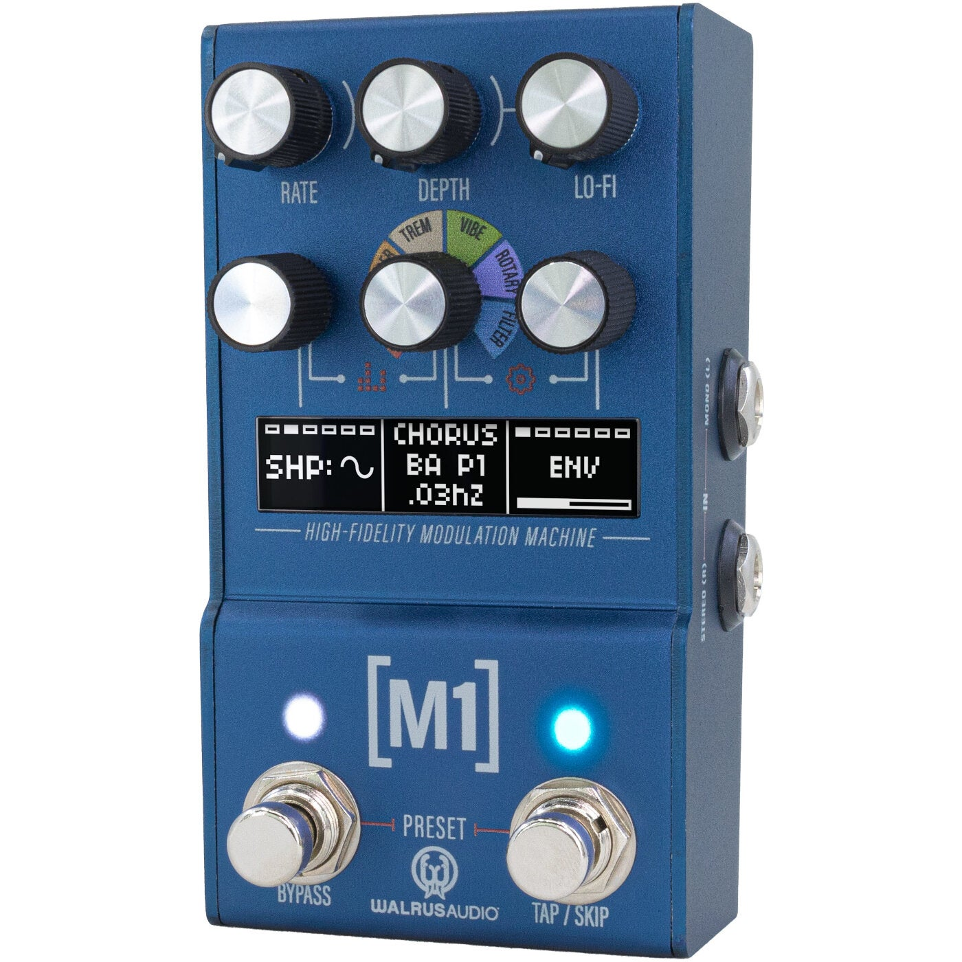 A blue Walrus Audio M1 modulation effects pedal with knobs, display, and footswitches.