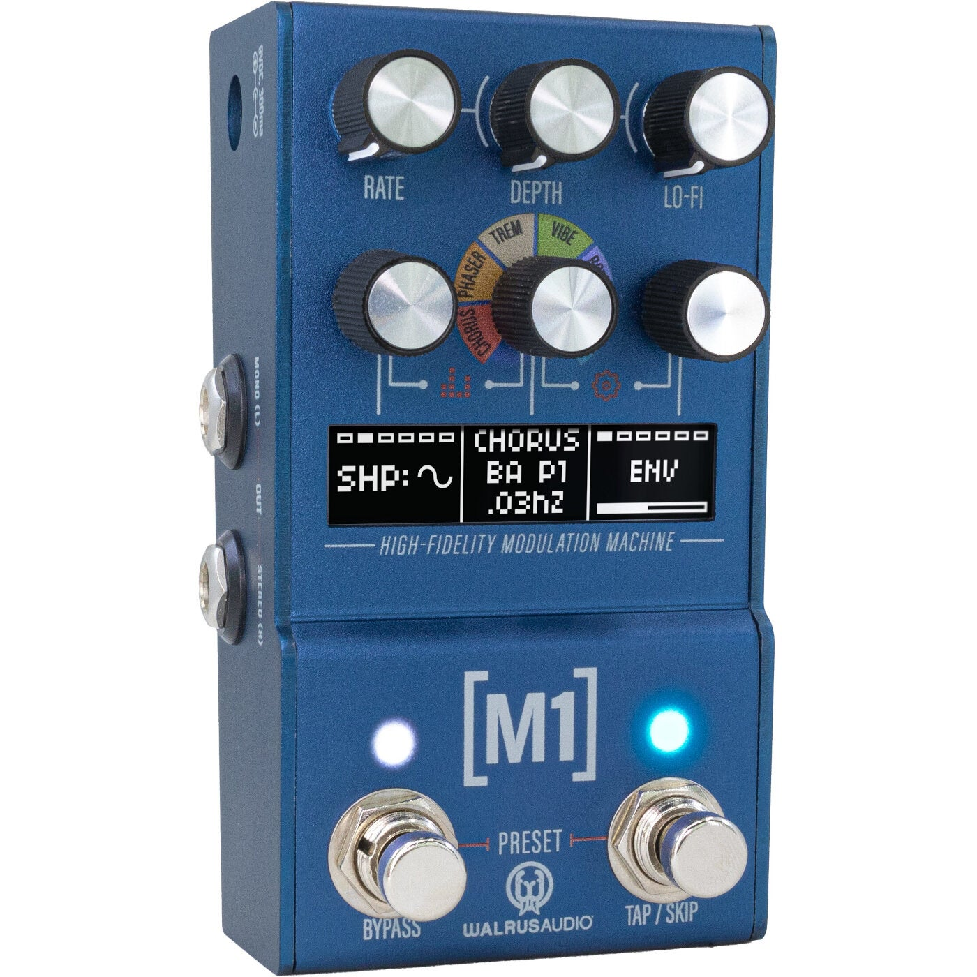 Blue Walrus Audio M1 modulation pedal with knobs, display, and foot switches.