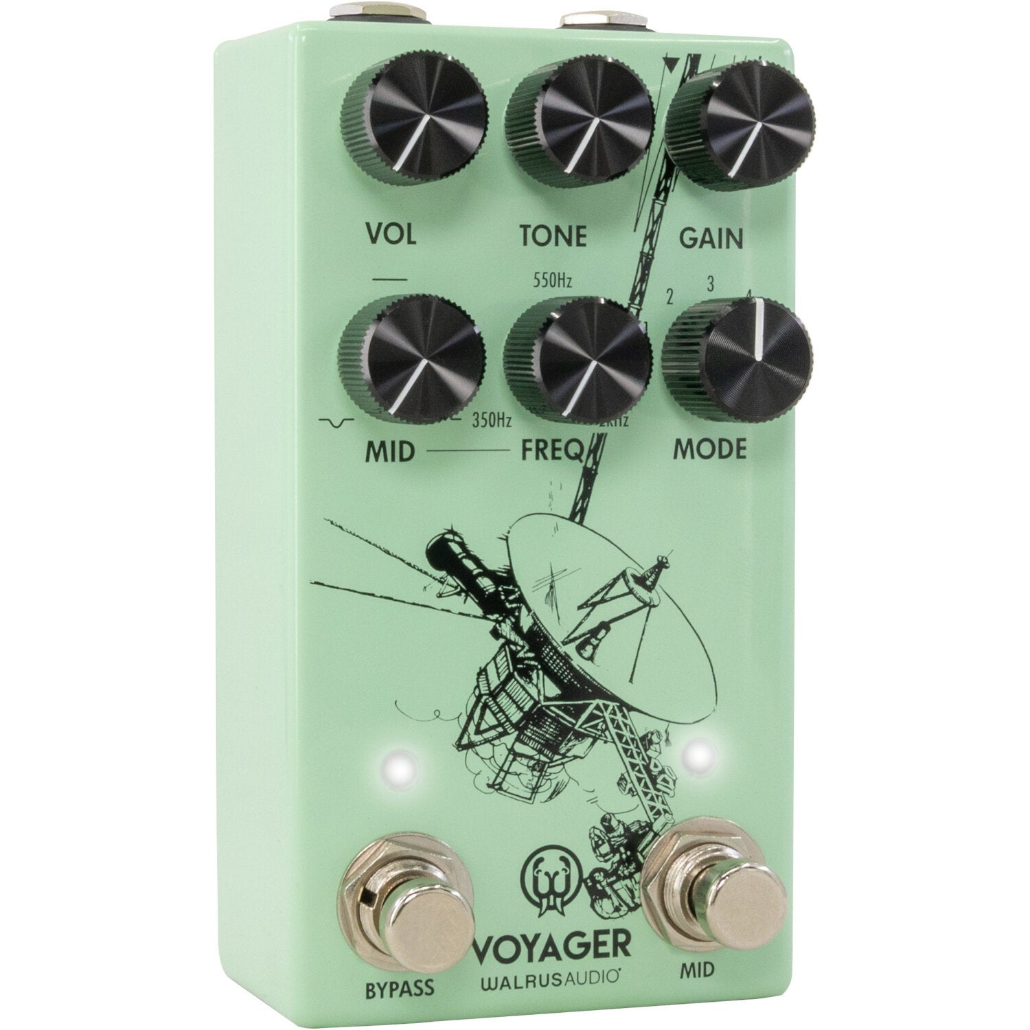 A mint green guitar effects pedal with knobs, switches, and a satellite dish drawing.