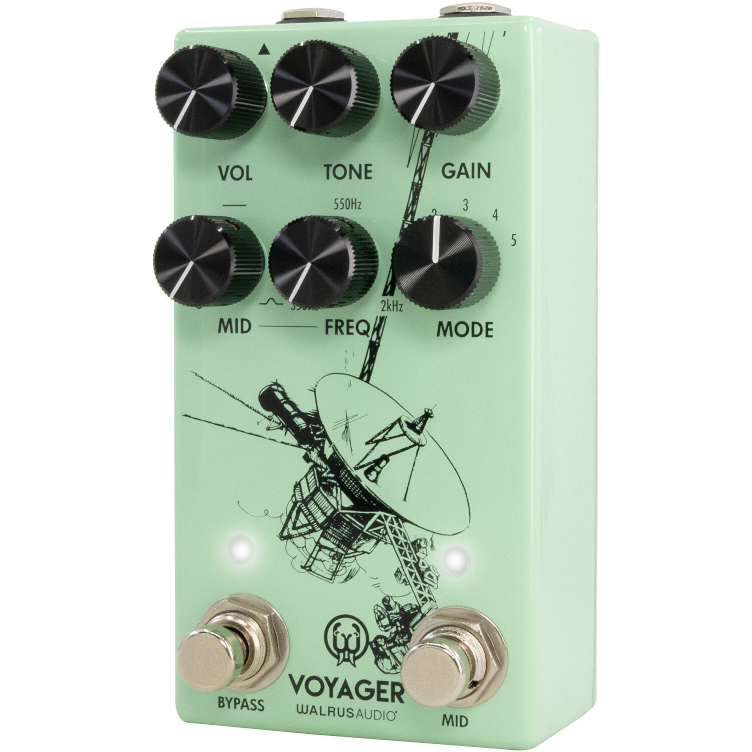 Light green guitar pedal with black knobs and a diagram of a satellite dish.