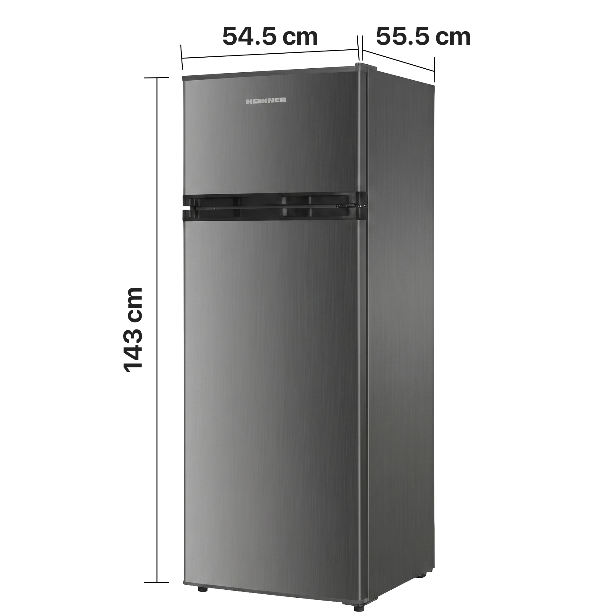 Een grijze koelkast met twee deuren, 143 cm hoog, 54,5 cm breed en 55,5 cm diep.
