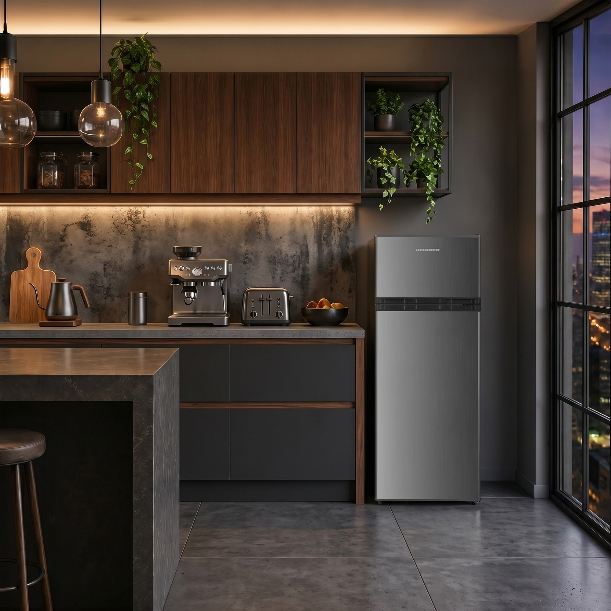 Moderne keuken met roestvrijstalen apparaten, houten kasten en nachtelijk stadszicht.