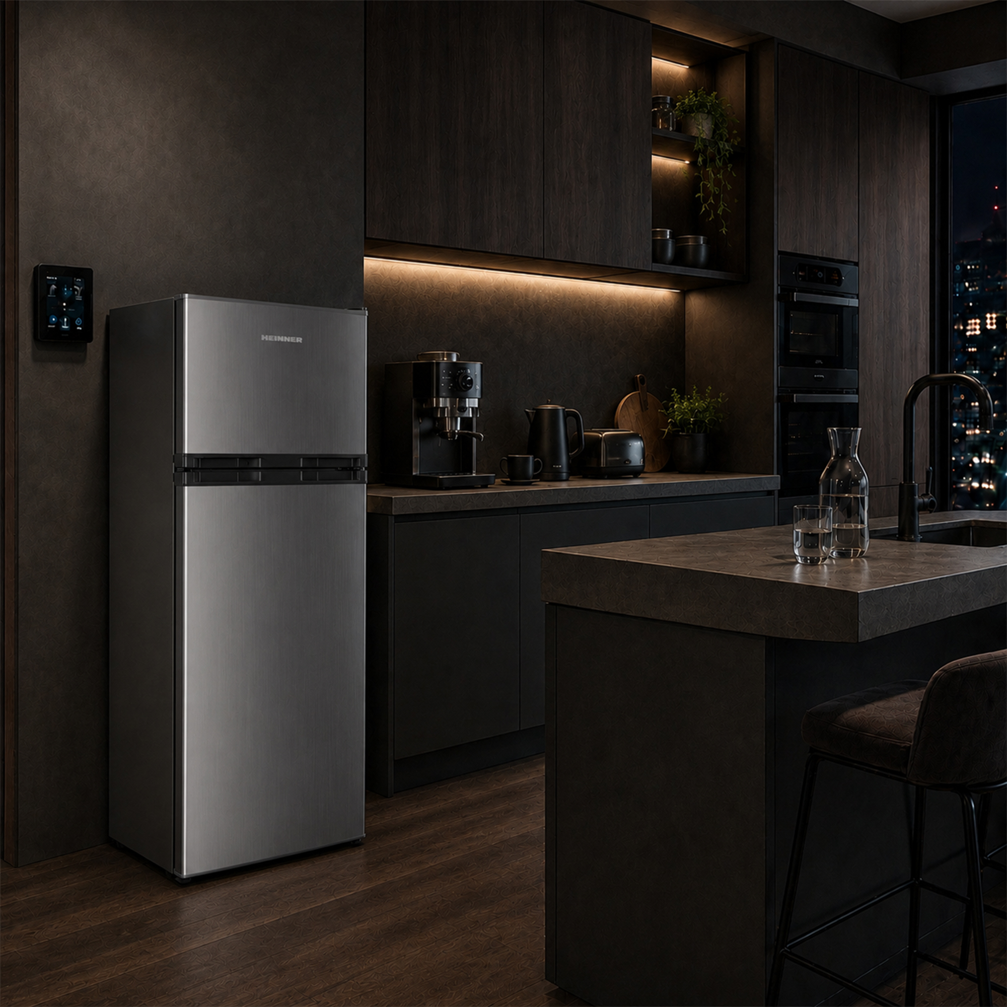 Moderne keuken met RVS koelkast, koffiezetapparaat, broodrooster, stadszicht.