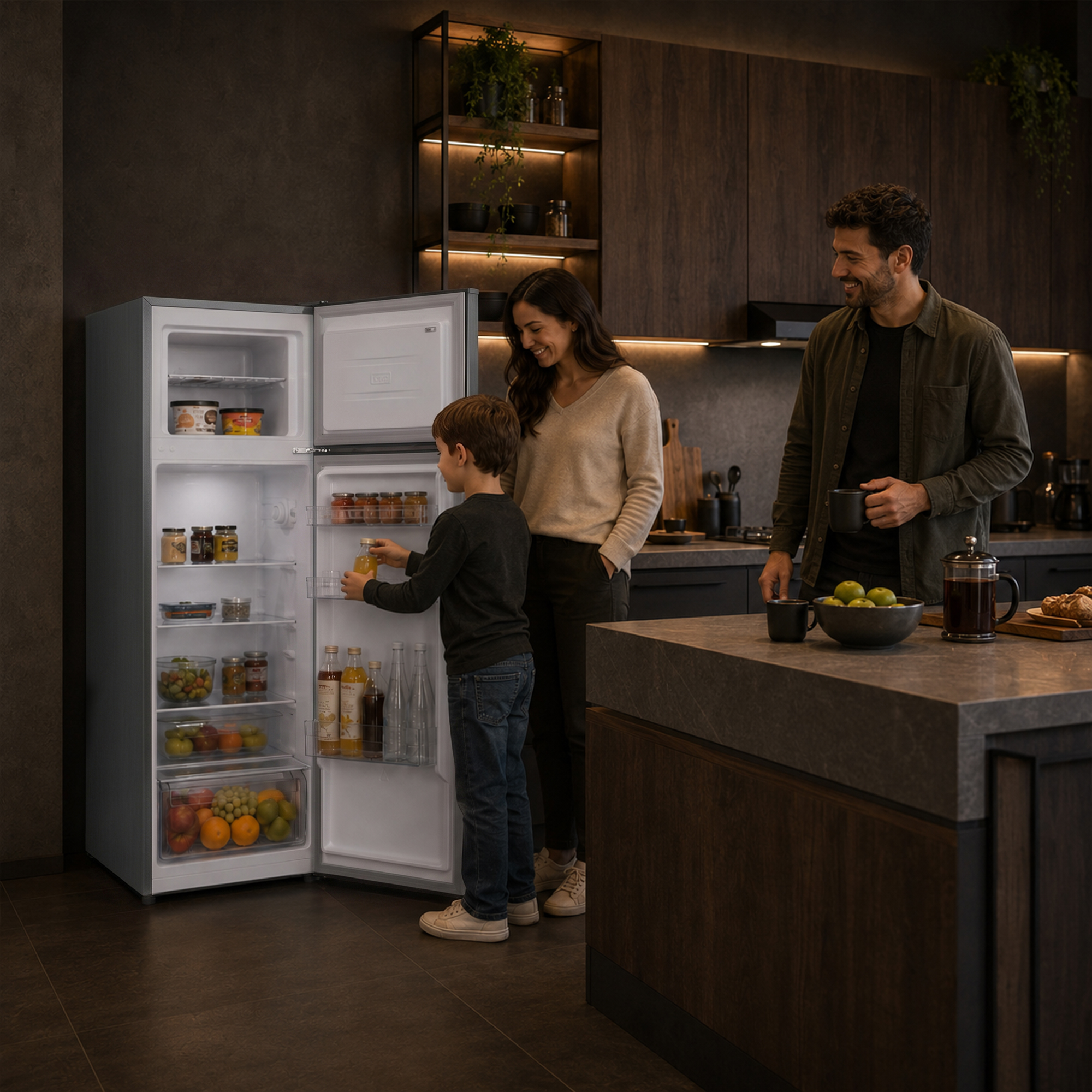 Familie in keuken, jongen pakt sap uit open koelkast, man drinkt koffie.