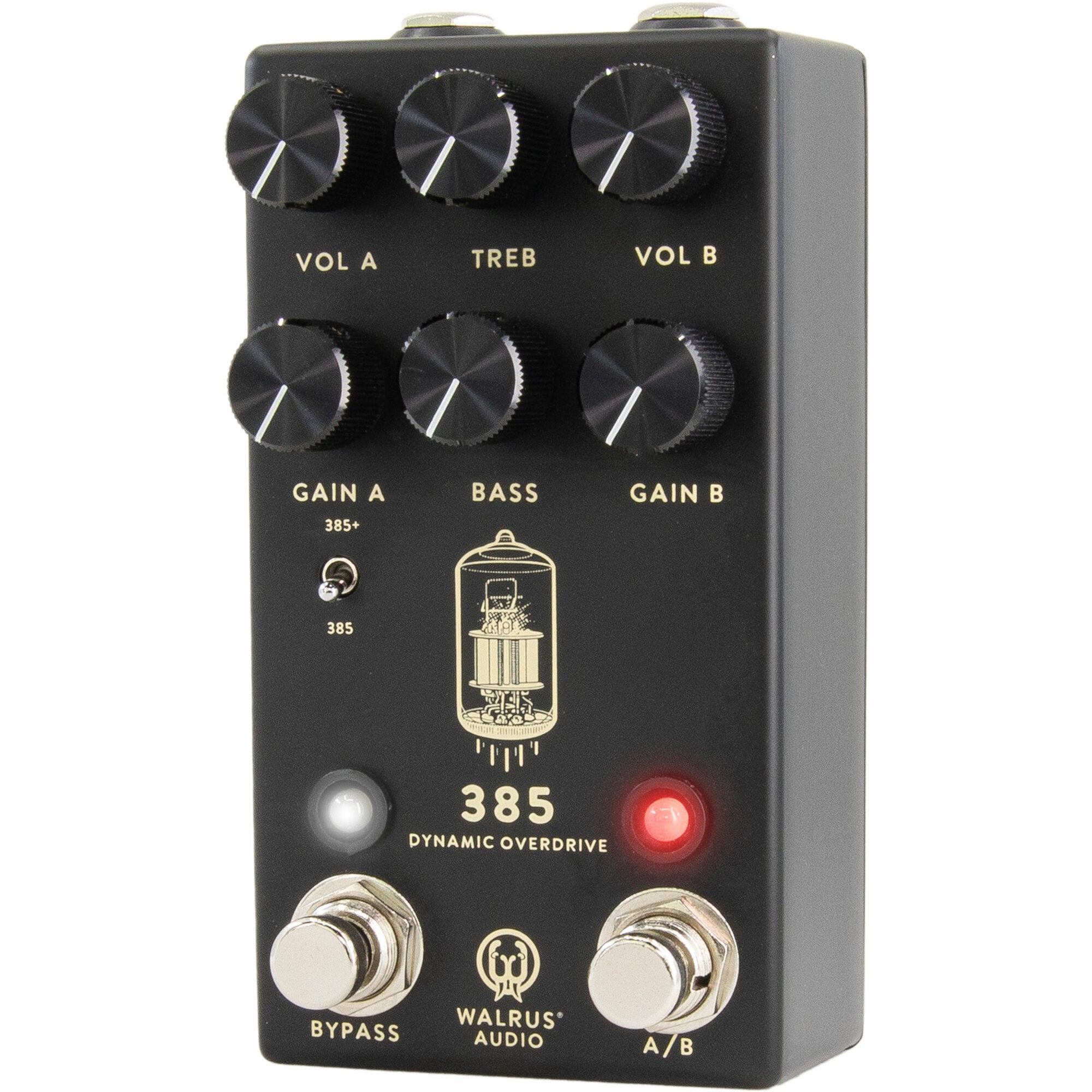 Black guitar overdrive pedal with six knobs, two switches, and LEDs.