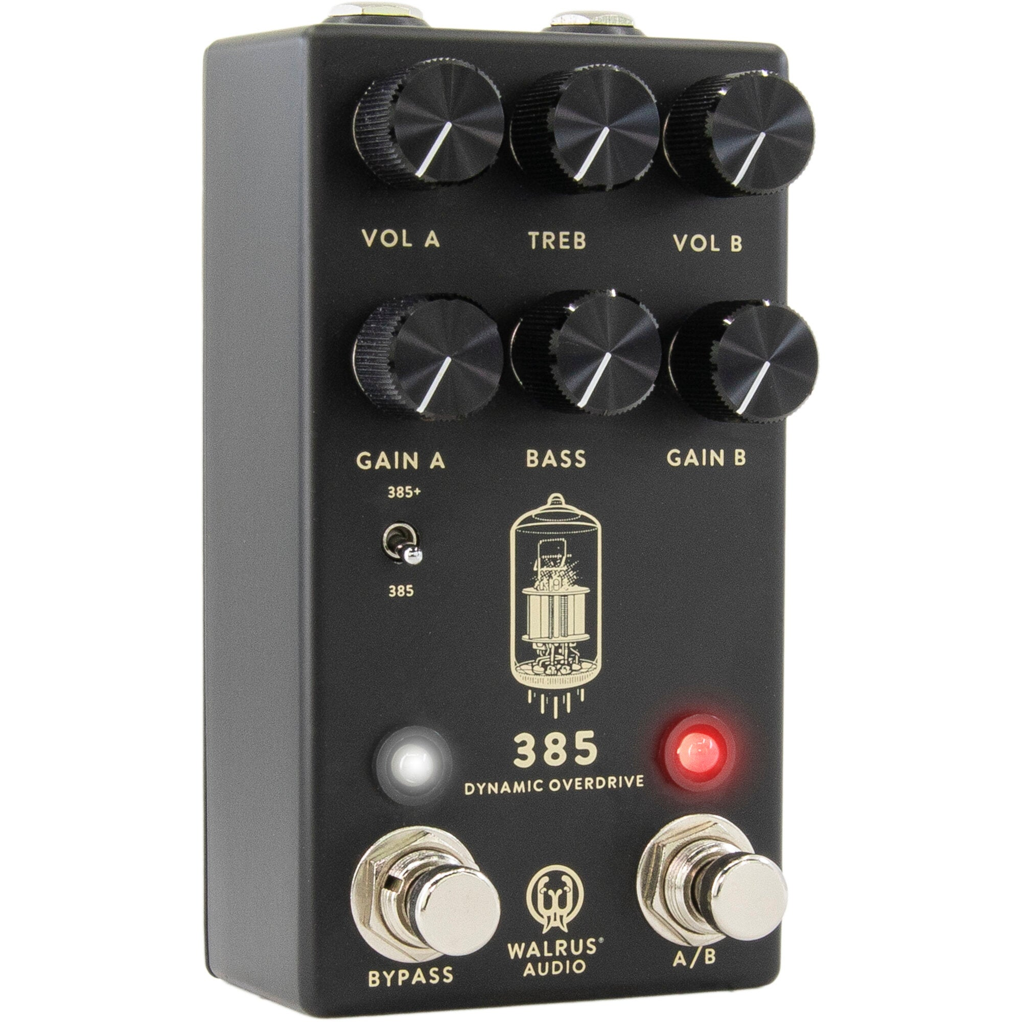 Black overdrive guitar pedal with six knobs, tube graphic, and two footswitches.